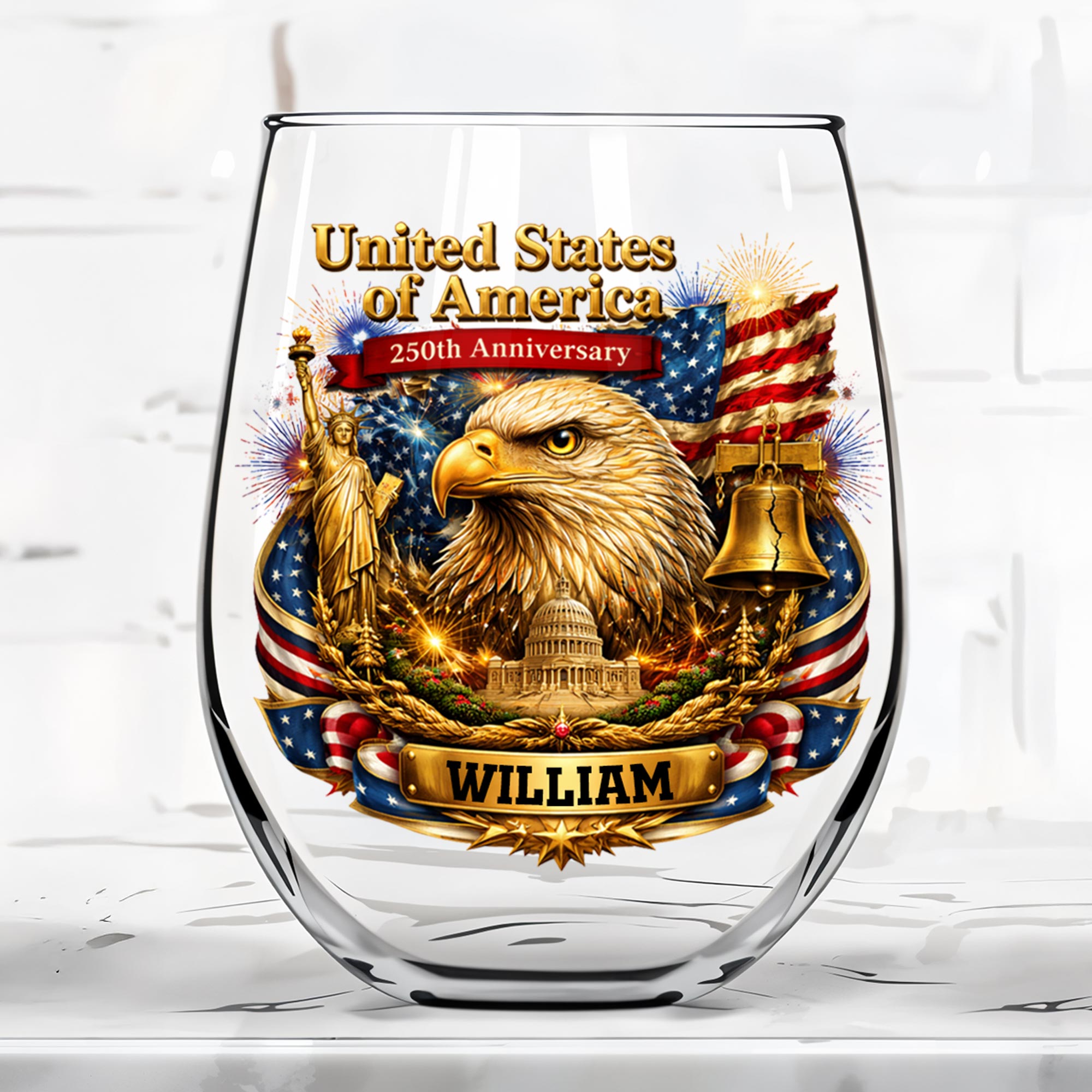 Personalized Stemless Wine Glass USA Flag Custom Name Gift Wine Glasses GradoCreations