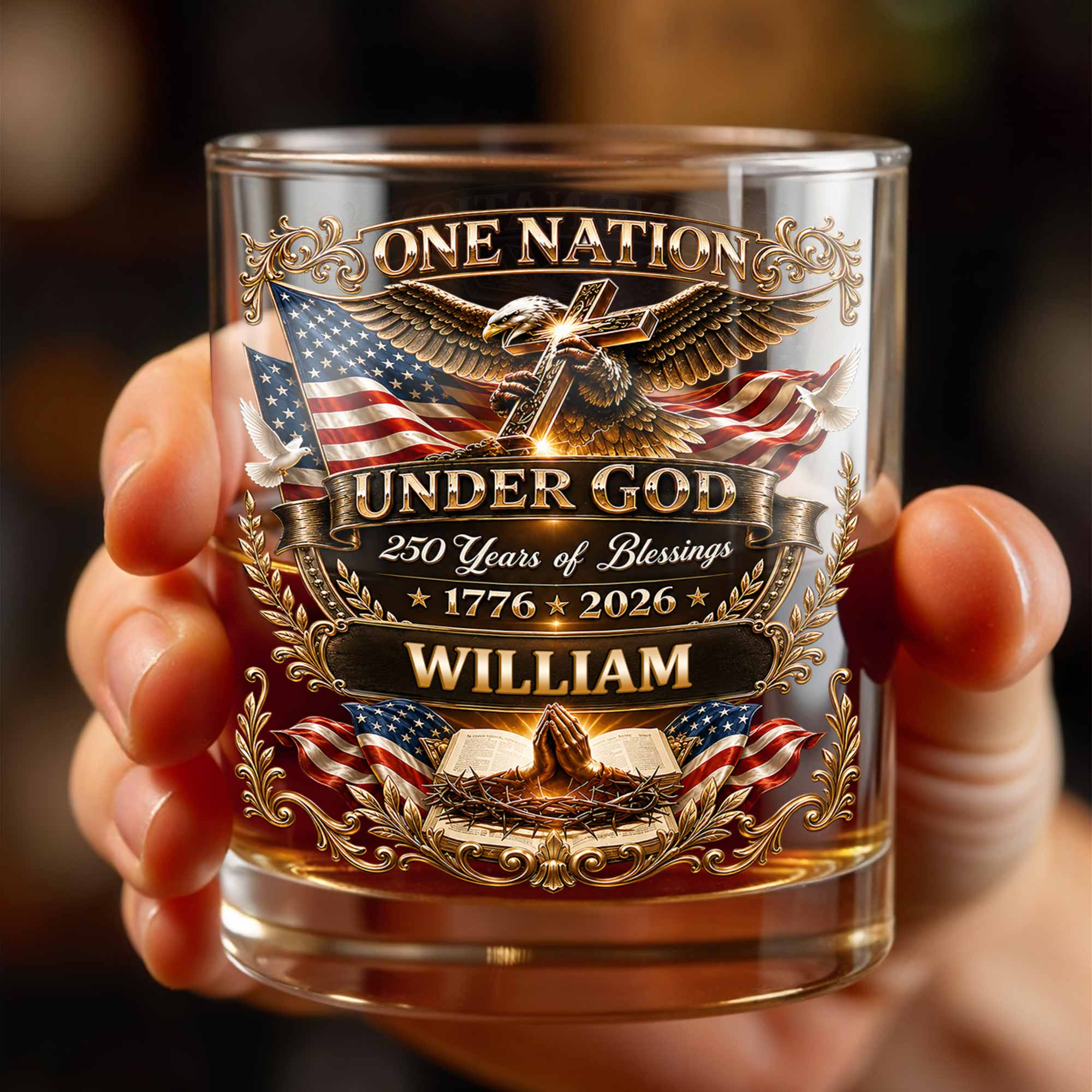Personalized Whiskey Glass with Eagle Cross & American Flag Gift for Dad Whiskey Glass GradoCreations