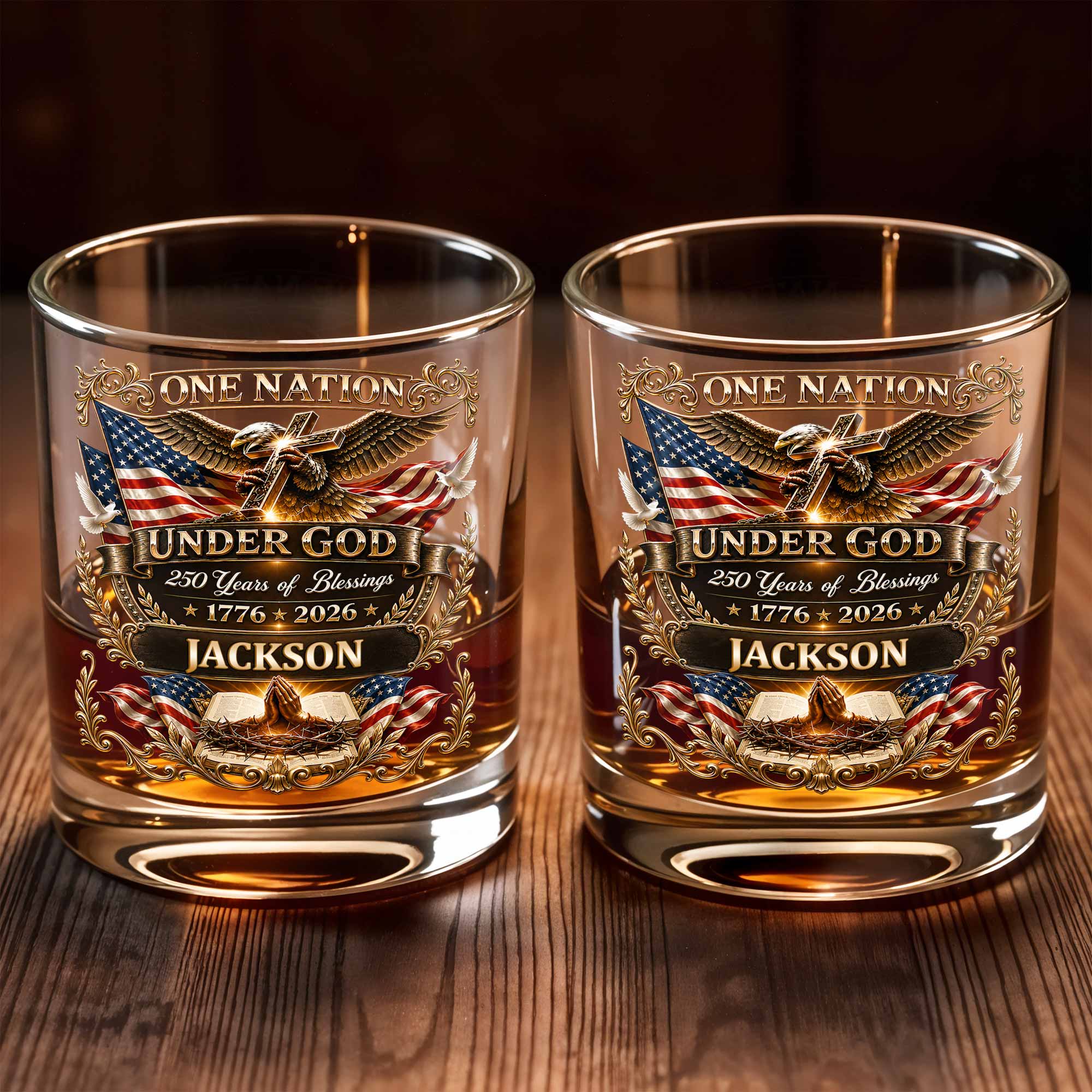 Personalized Whiskey Glass with Eagle Cross & American Flag Gift for Dad Whiskey Glass GradoCreations