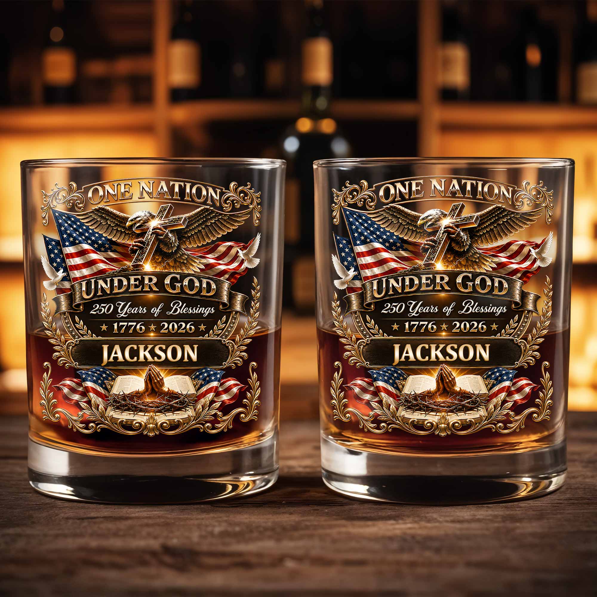 Personalized Whiskey Glass with Eagle Cross & American Flag Gift for Dad Whiskey Glass GradoCreations
