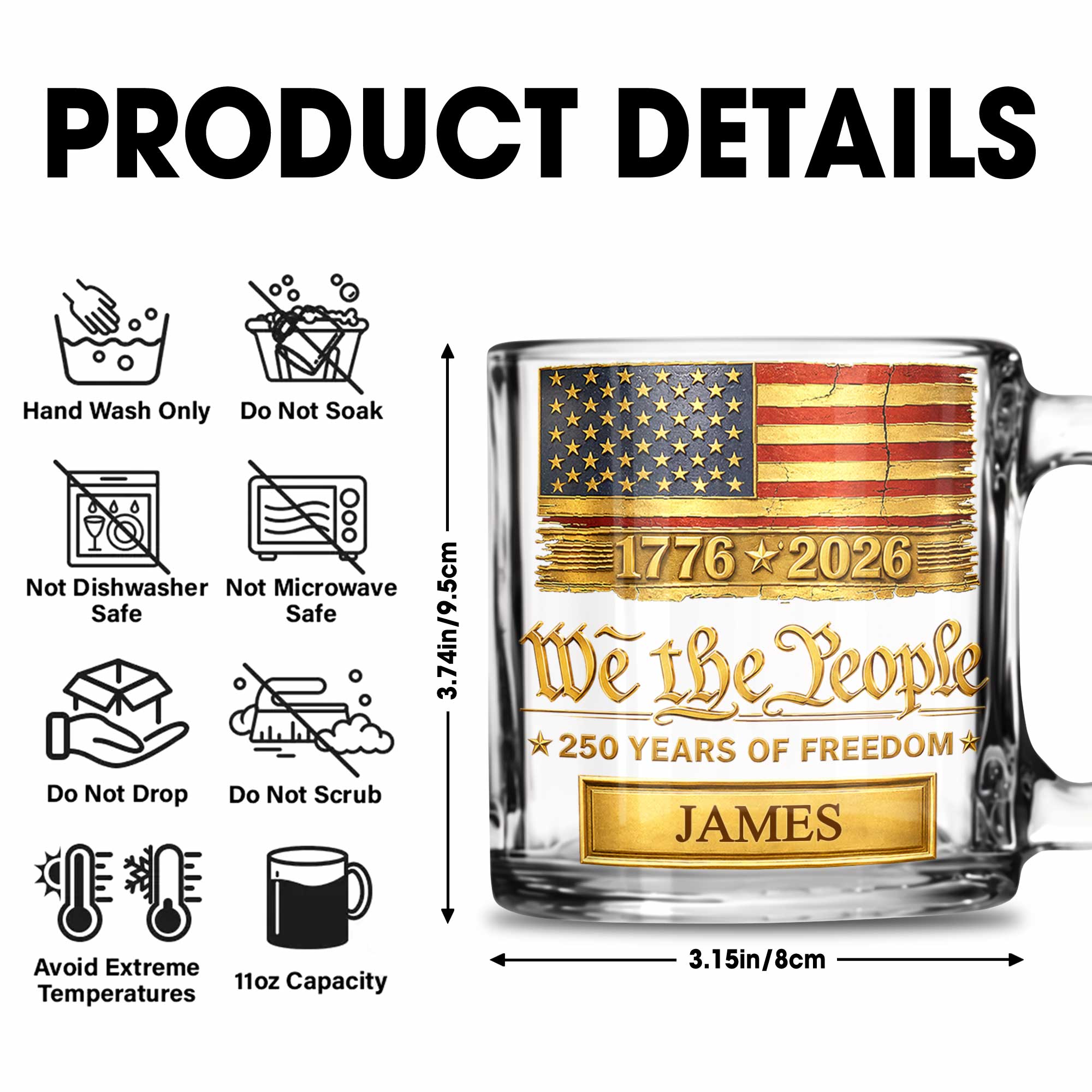 Personalized 11oz Glass Mug USA Flag Gift for Dad - 4th of July Glass Mug GradoCreations