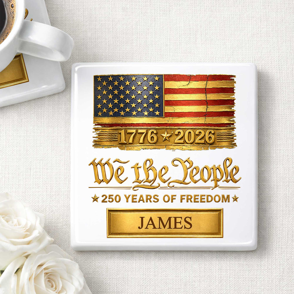 Personalized American Flag Ceramic Coaster Custom Name Gift for Dad Square Ceramic Coaster GradoCreations