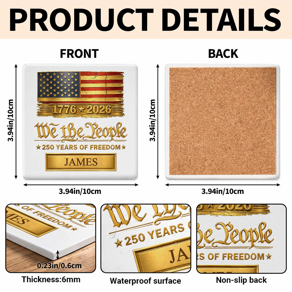 Personalized American Flag Ceramic Coaster Custom Name Gift for Dad Square Ceramic Coaster GradoCreations