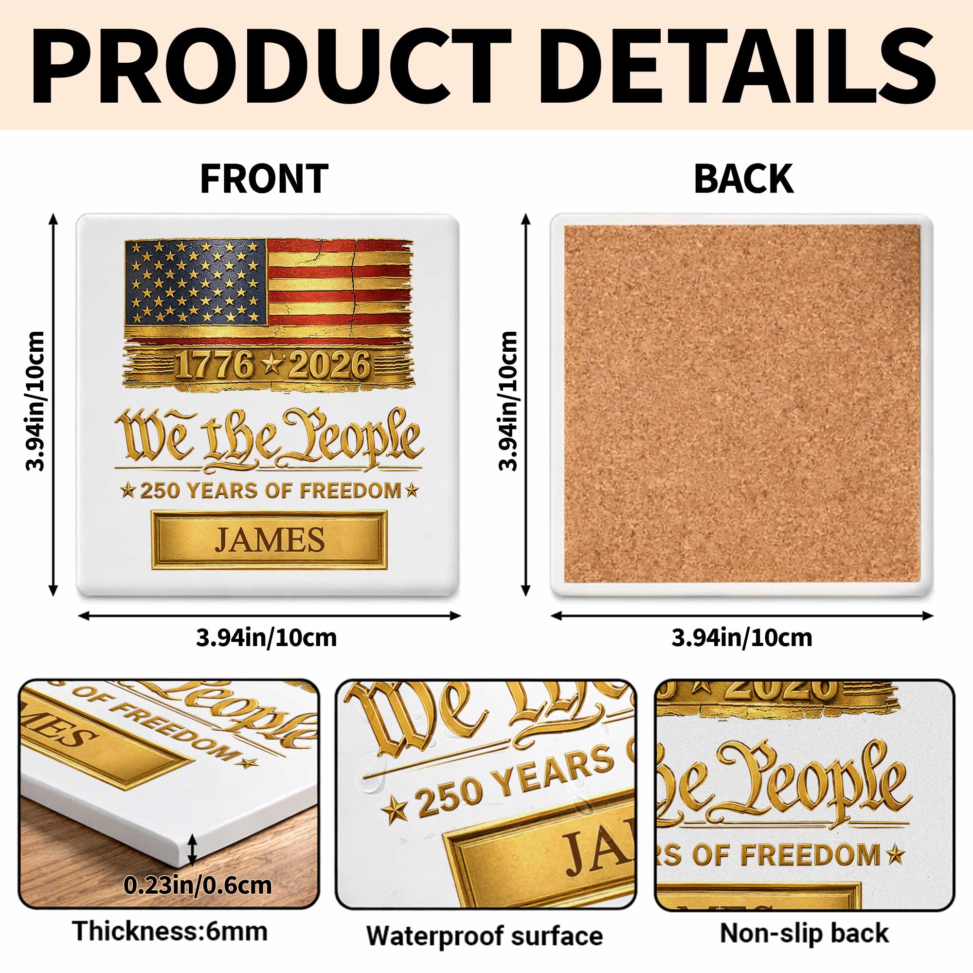 Personalized American Flag Ceramic Coaster Custom Name Gift for Dad Square Ceramic Coaster GradoCreations