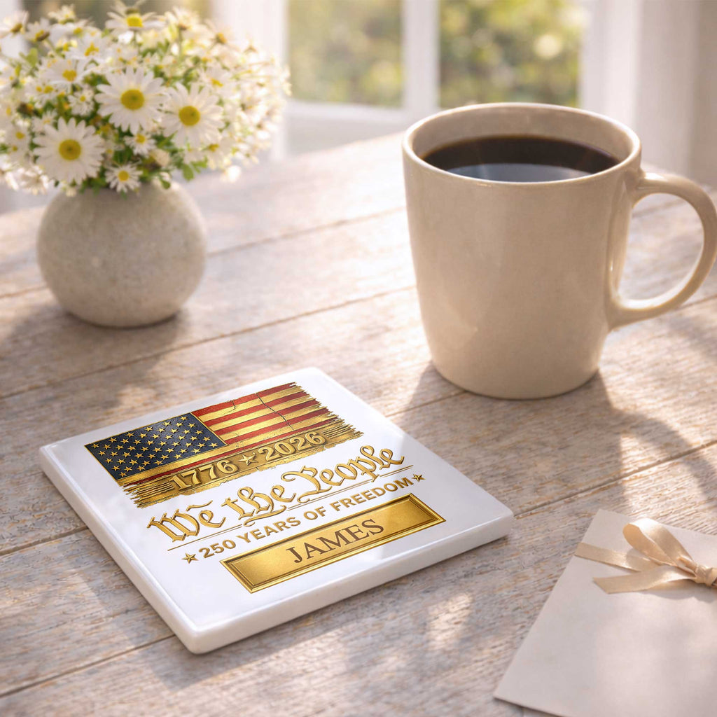 Personalized American Flag Ceramic Coaster Custom Name Gift for Dad Square Ceramic Coaster GradoCreations