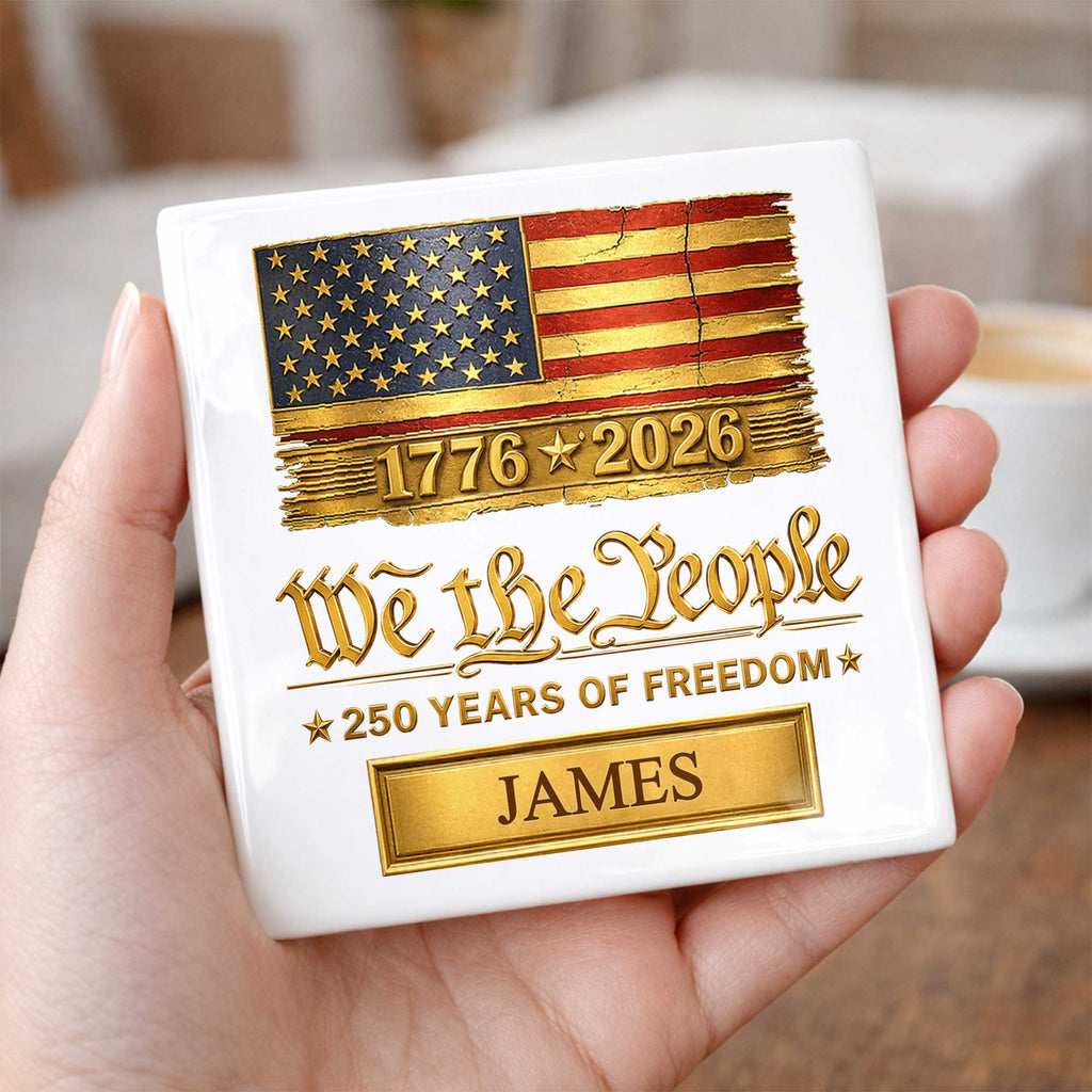 Personalized American Flag Ceramic Coaster Custom Name Gift for Dad Square Ceramic Coaster GradoCreations