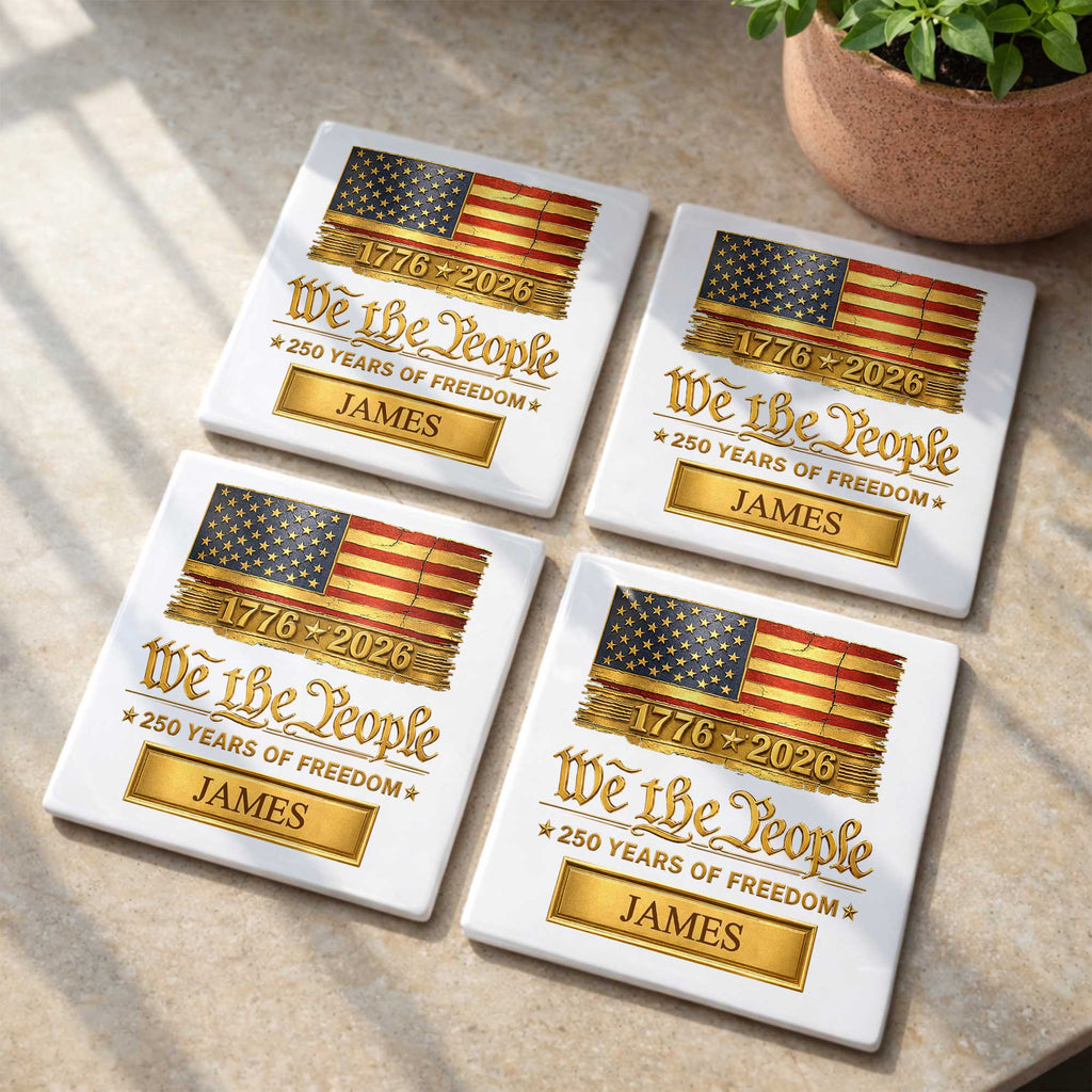Personalized American Flag Ceramic Coaster Custom Name Gift for Dad Square Ceramic Coaster GradoCreations