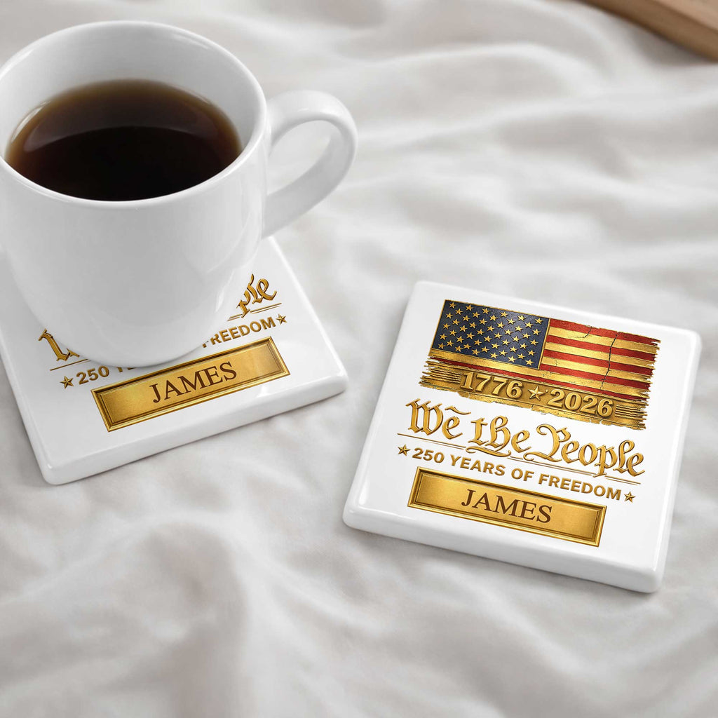 Personalized American Flag Ceramic Coaster Custom Name Gift for Dad Square Ceramic Coaster GradoCreations