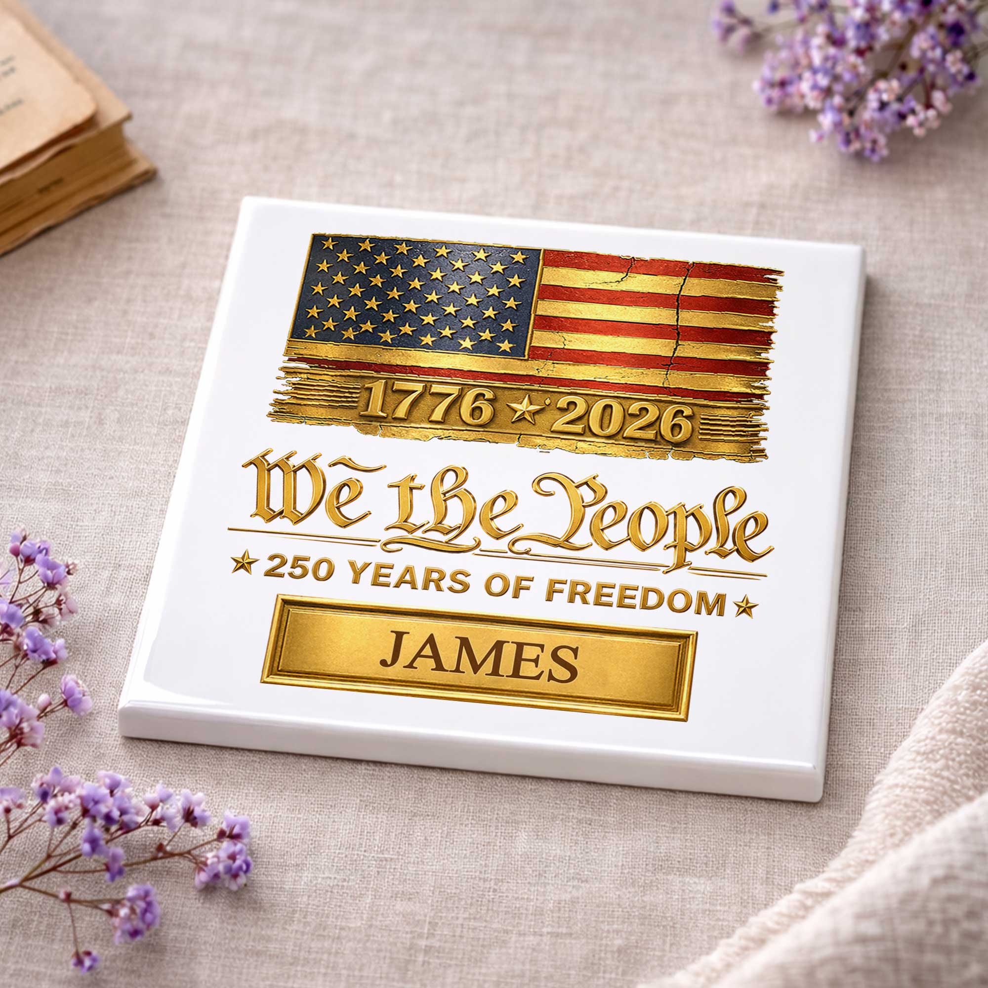 Personalized American Flag Ceramic Coaster Custom Name Gift for Dad Square Ceramic Coaster GradoCreations