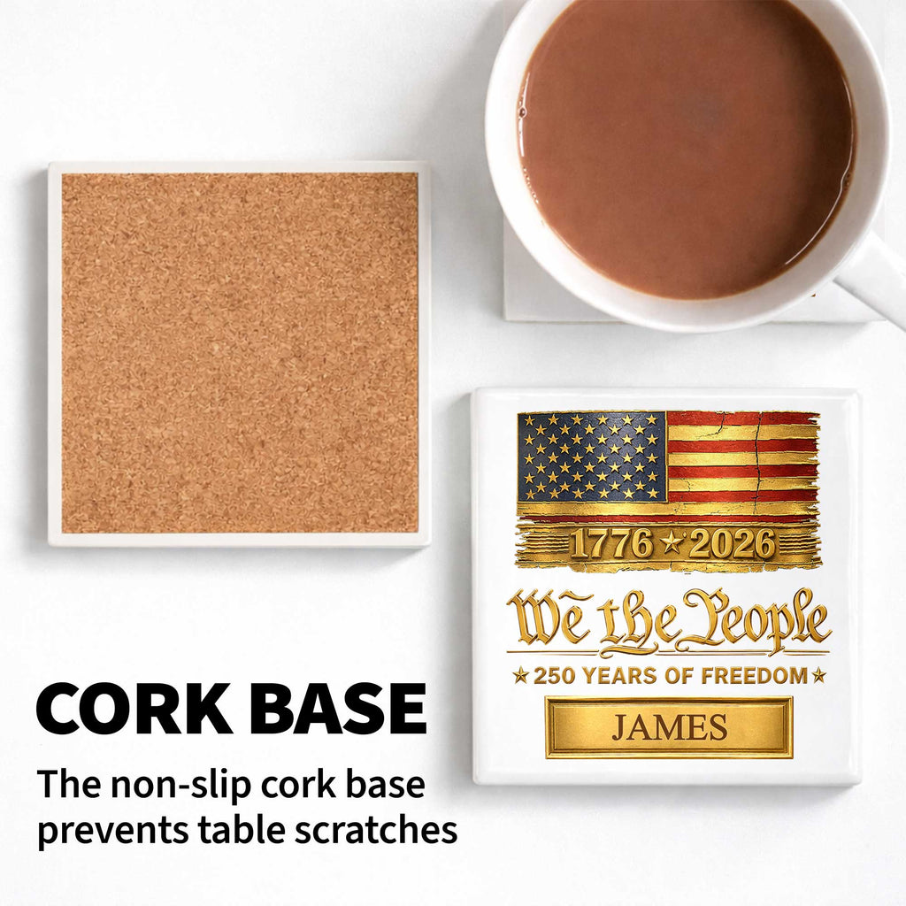 Personalized American Flag Ceramic Coaster Custom Name Gift for Dad Square Ceramic Coaster GradoCreations