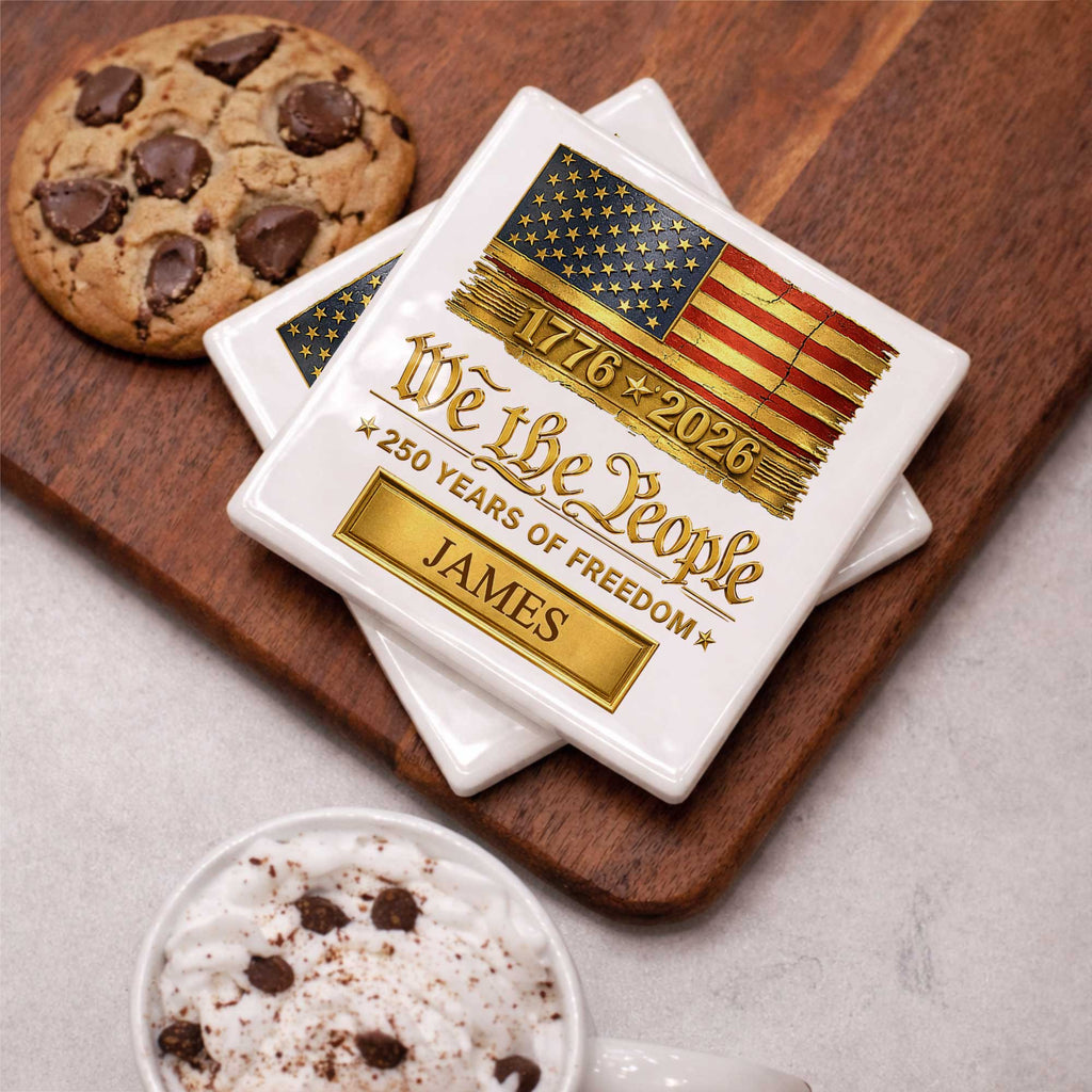 Personalized American Flag Ceramic Coaster Custom Name Gift for Dad Square Ceramic Coaster GradoCreations