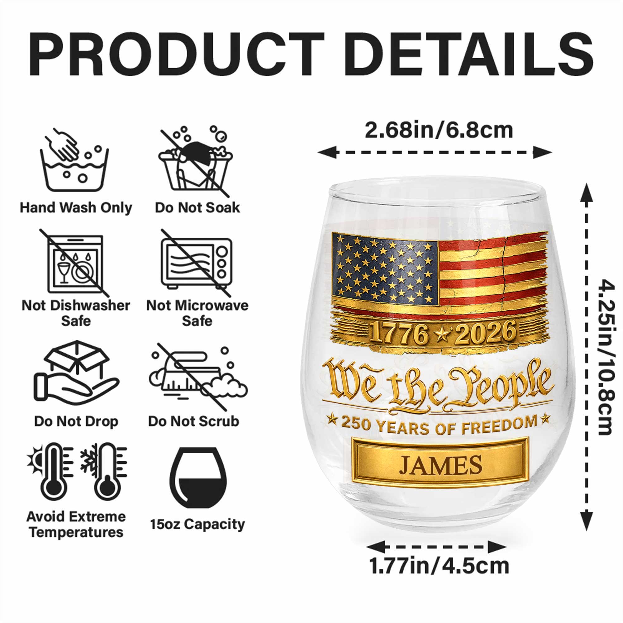 Personalized 15oz Stemless Wine Glass Gift for 4th of July Wine Glasses GradoCreations