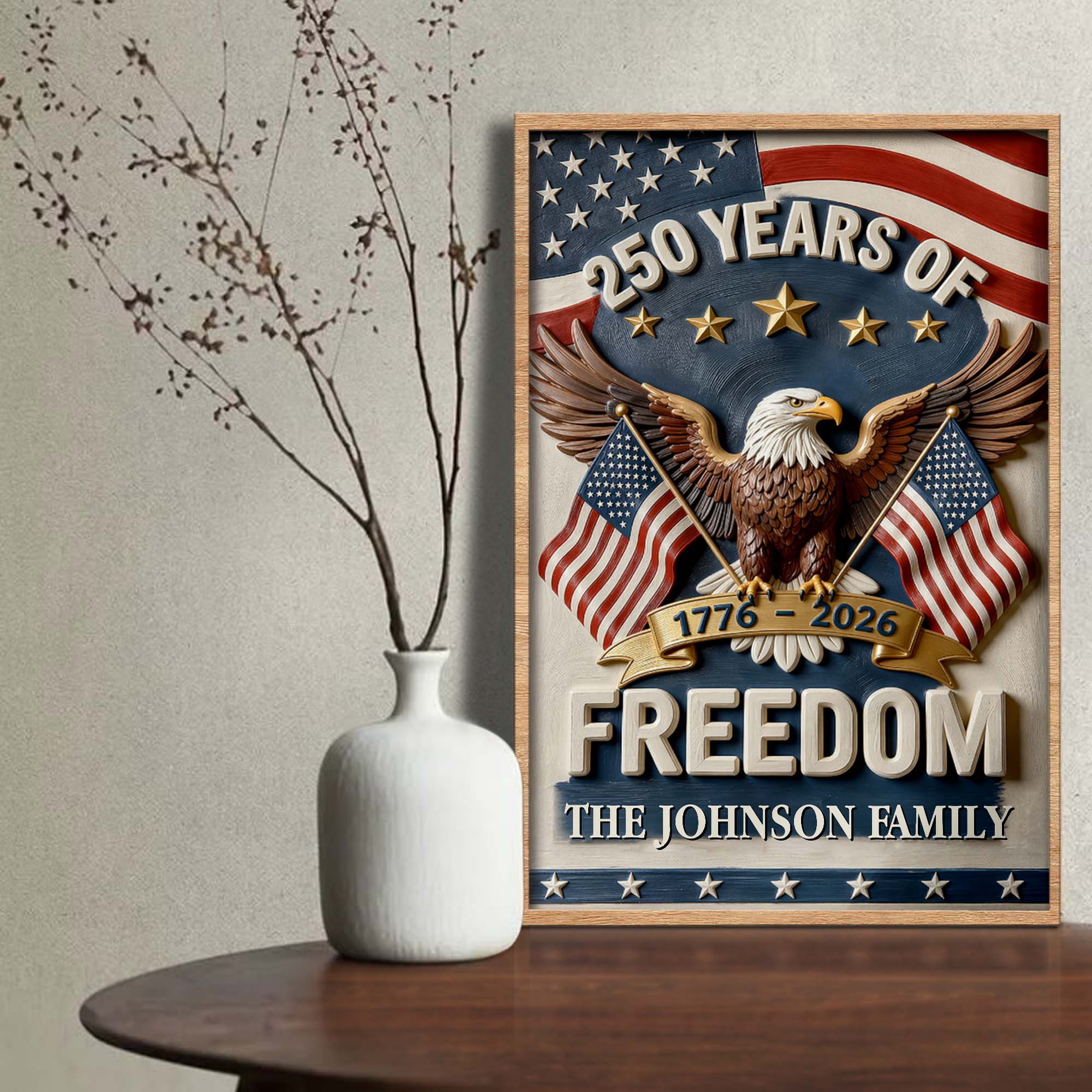 Personalized Vertical Poster with American Flag Bald Eagle Custom Family Name Gift for Dad Poster GradoCreations