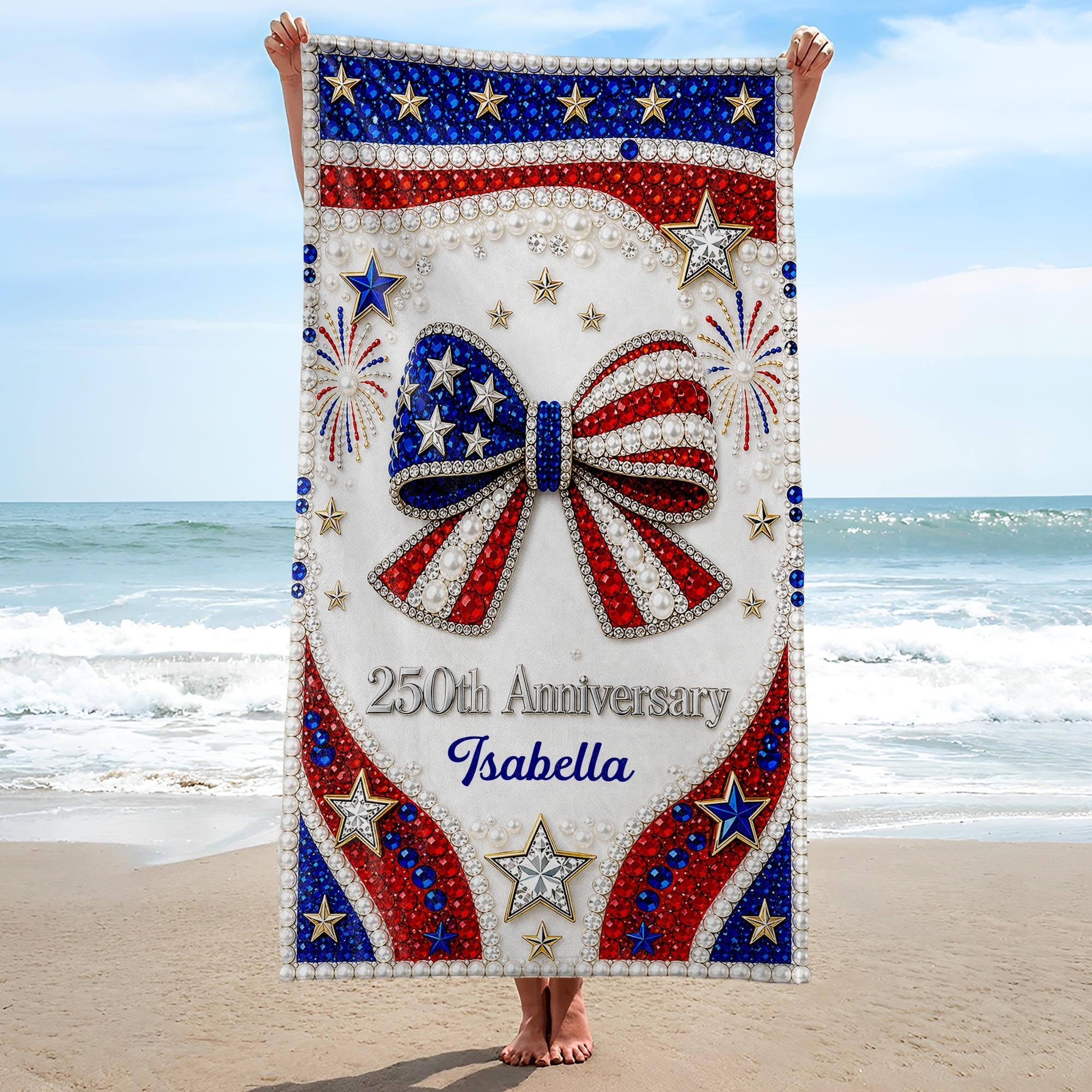 Personalized 4th of July Beach Towel Custom Name USA Flag Beach Towels GradoCreations