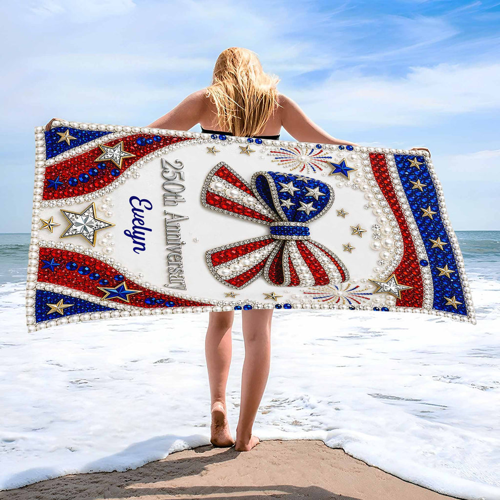 Personalized 4th of July Beach Towel Custom Name USA Flag Beach Towels GradoCreations
