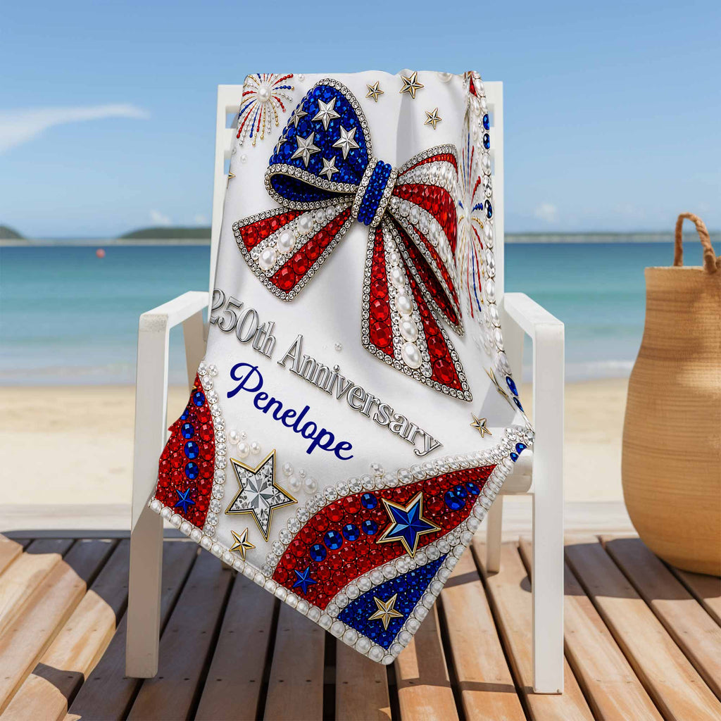 Personalized 4th of July Beach Towel Custom Name USA Flag Beach Towels GradoCreations