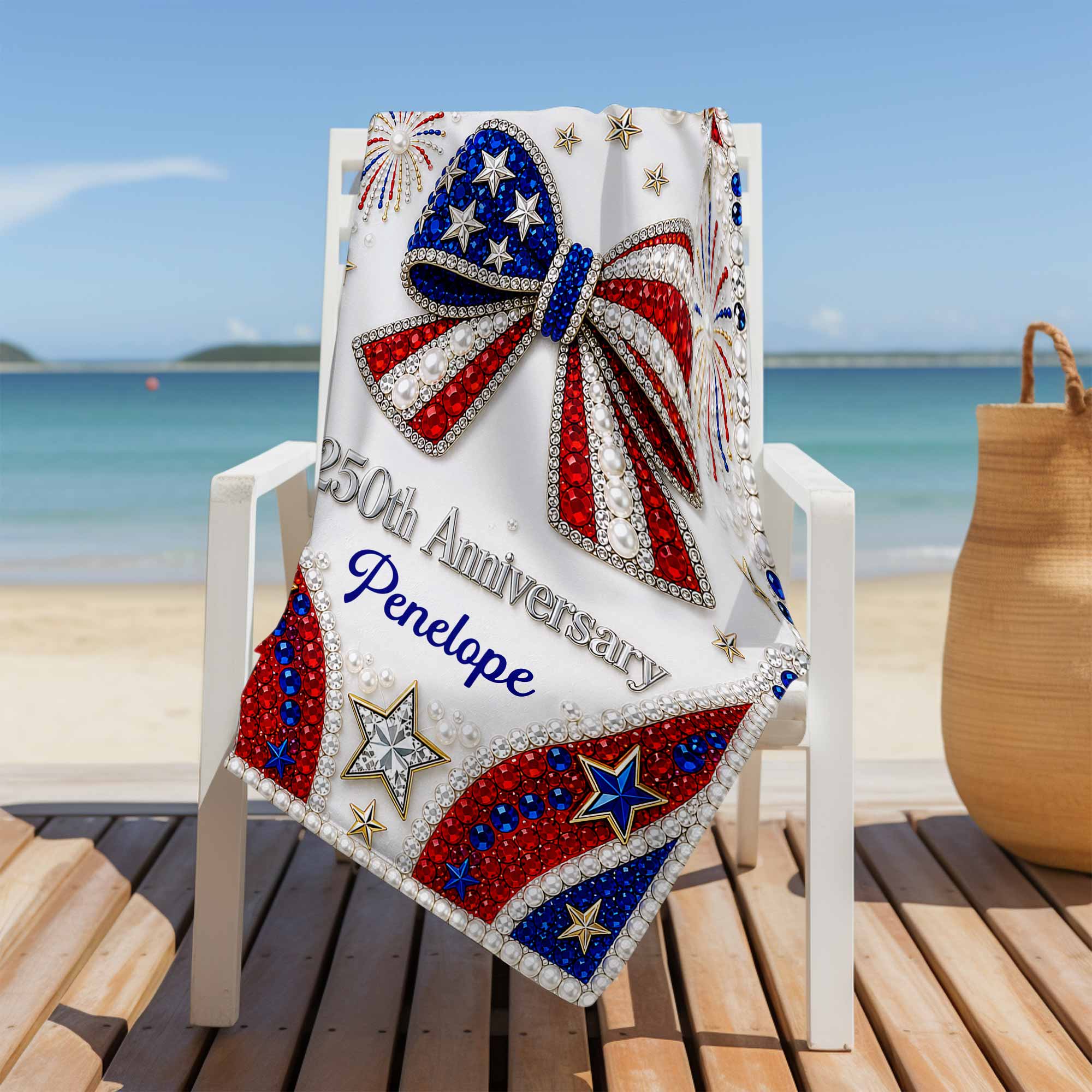 Personalized 4th of July Beach Towel Custom Name USA Flag Beach Towels GradoCreations