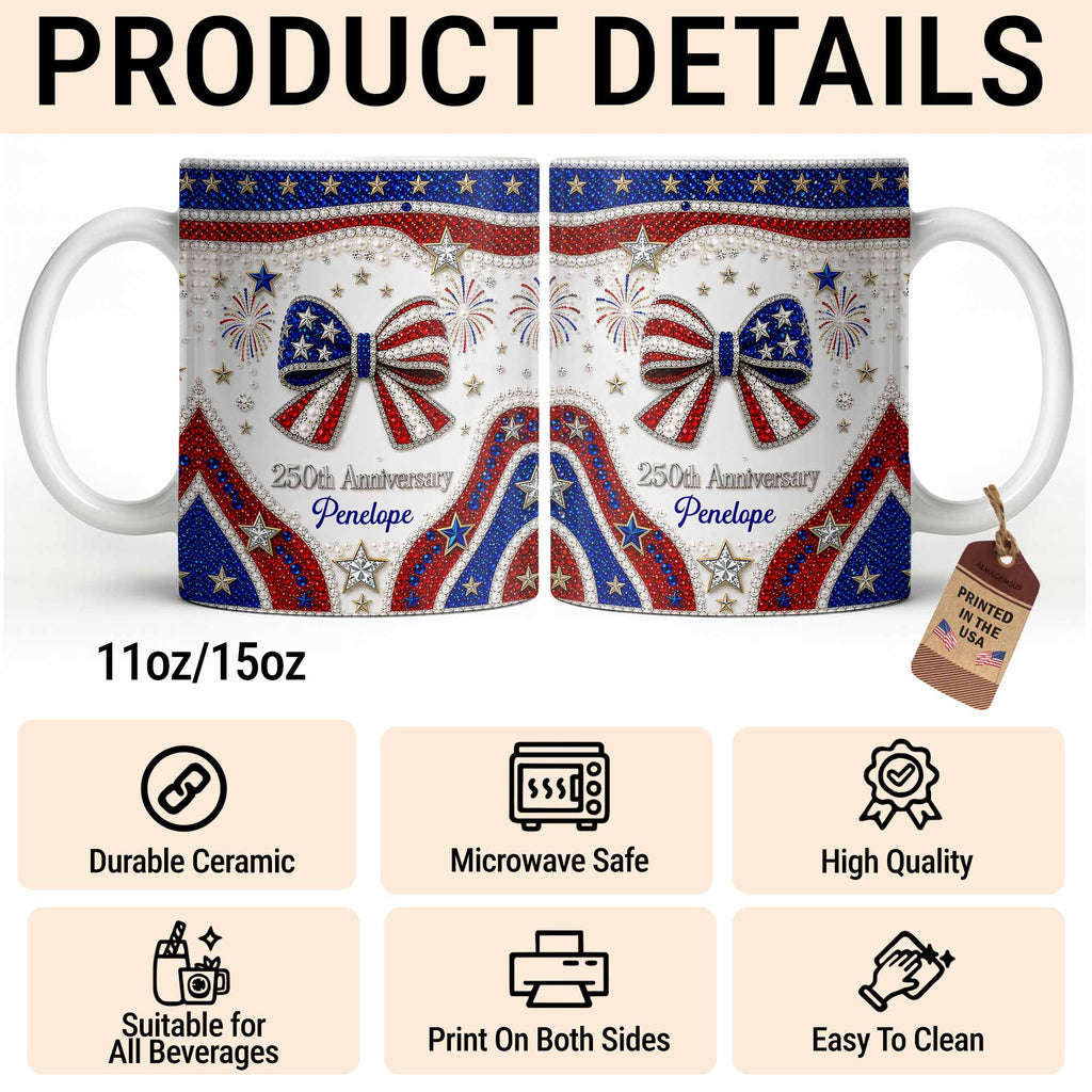 Personalized USA 250th Anniversary Rhinestone Coffee Mug Custom Name Gift Edge-to-edge Mug GradoCreations