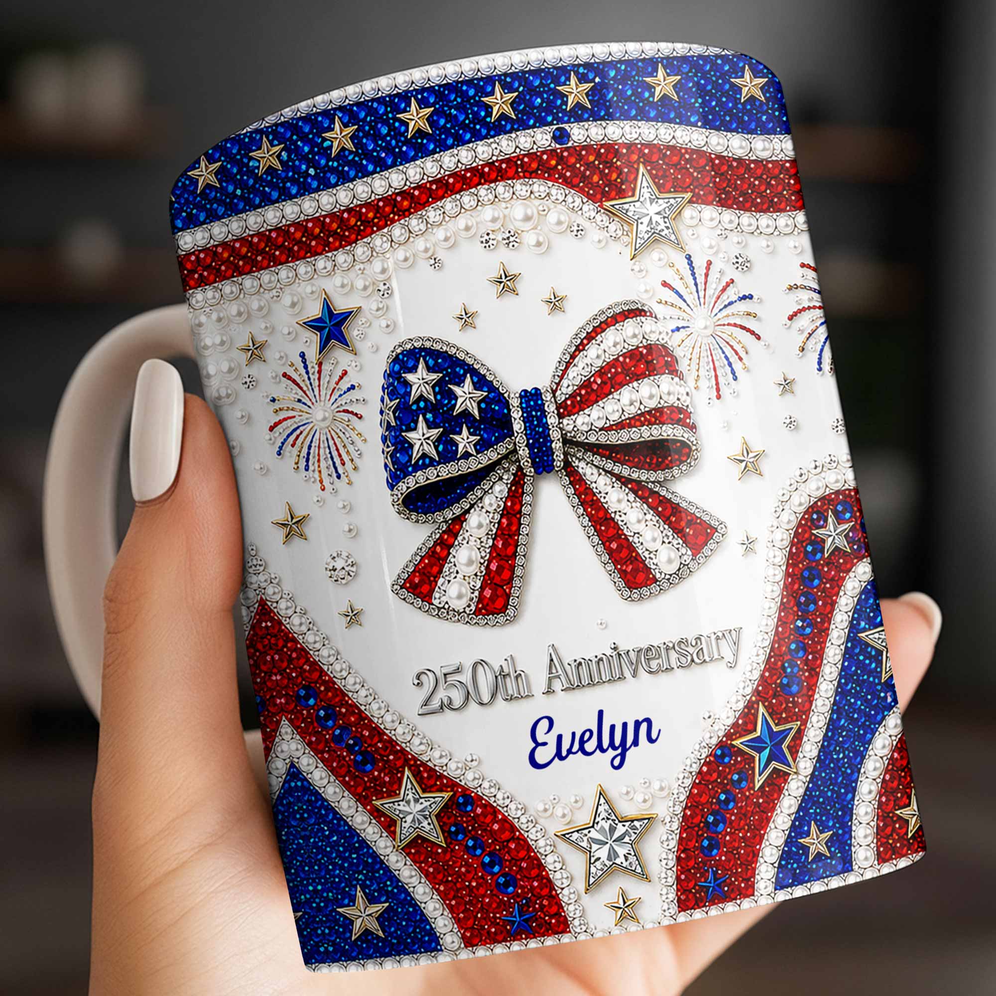 Personalized USA 250th Anniversary Rhinestone Coffee Mug Custom Name Gift Edge-to-edge Mug GradoCreations