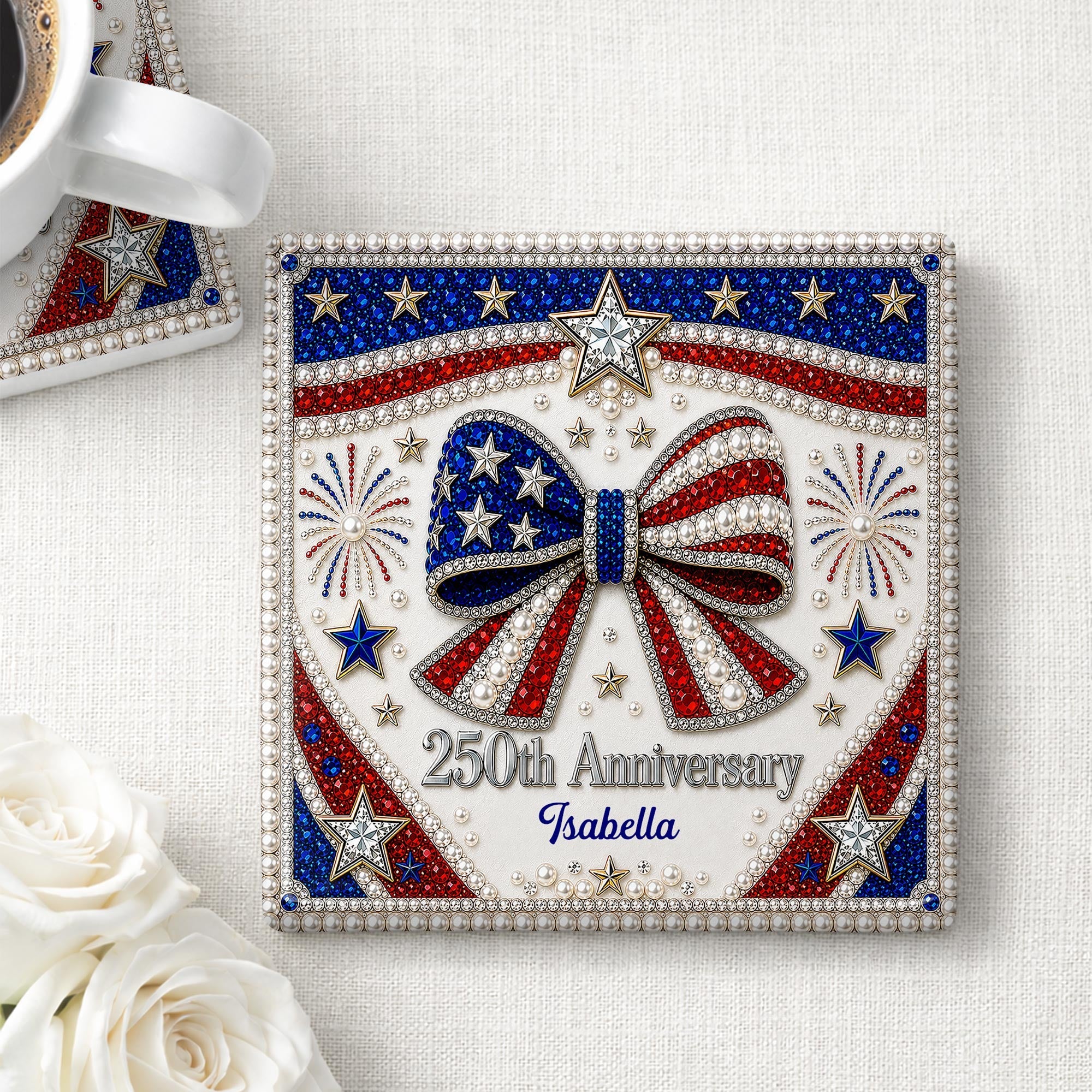 Personalized American Flag Ceramic Coaster Unique Gift Square Ceramic Coaster GradoCreations