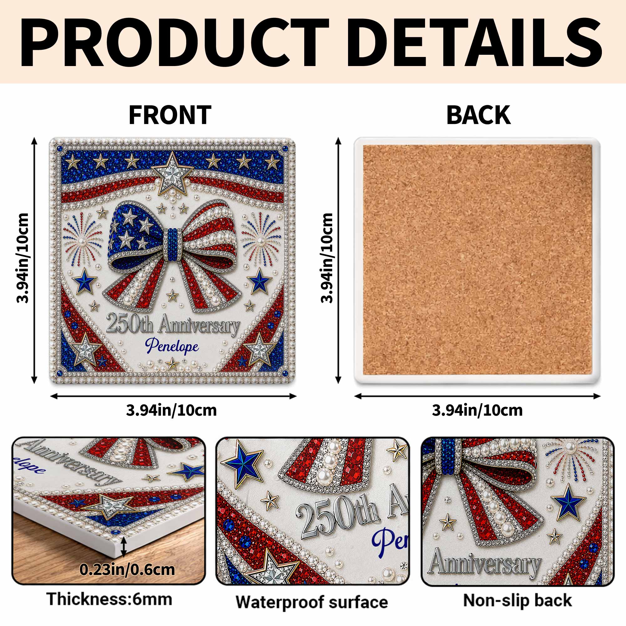 Personalized American Flag Ceramic Coaster Unique Gift Square Ceramic Coaster GradoCreations