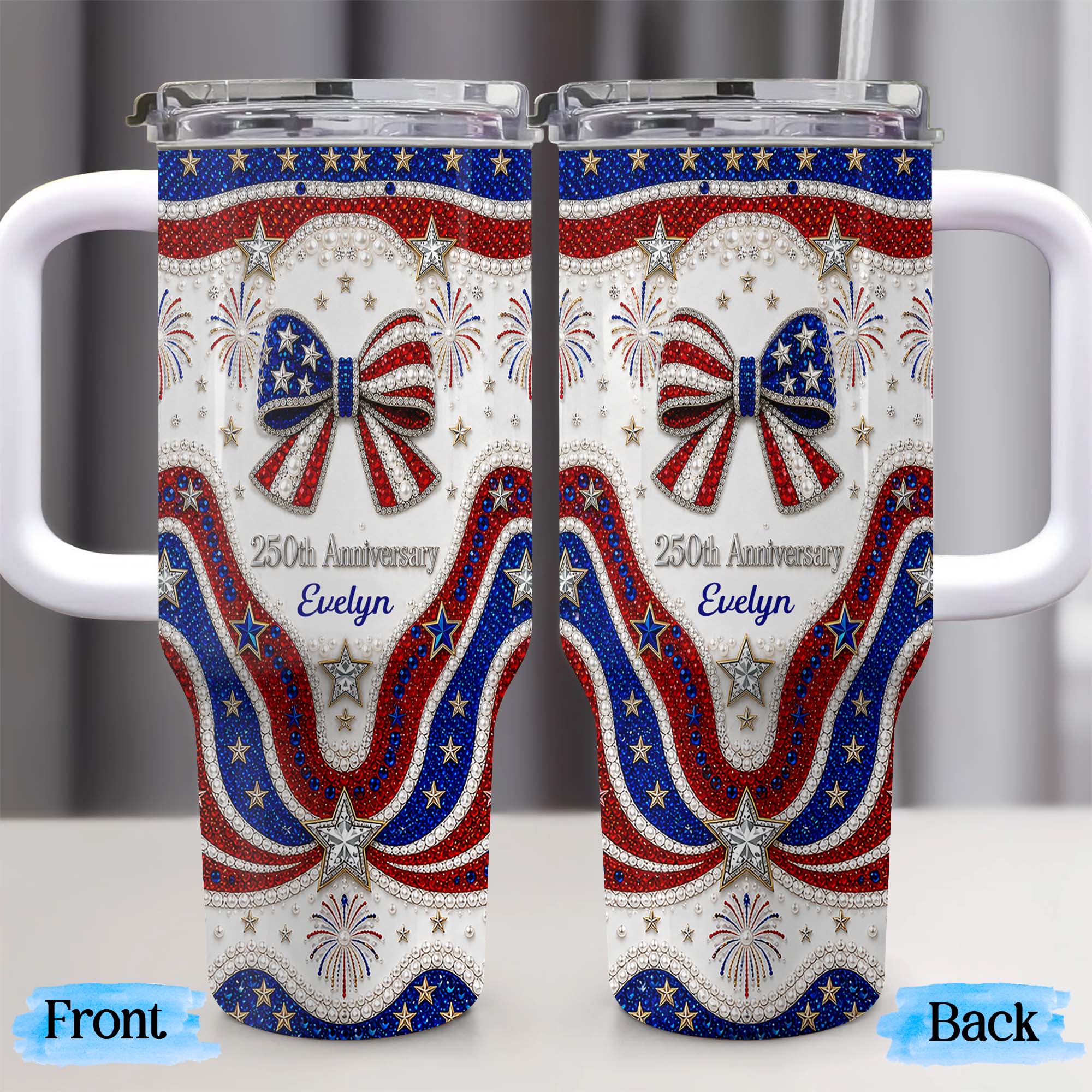 Personalized 40oz Tumbler with Straw Custom Name Gift for Independence Day 40oz Tumbler GradoCreations