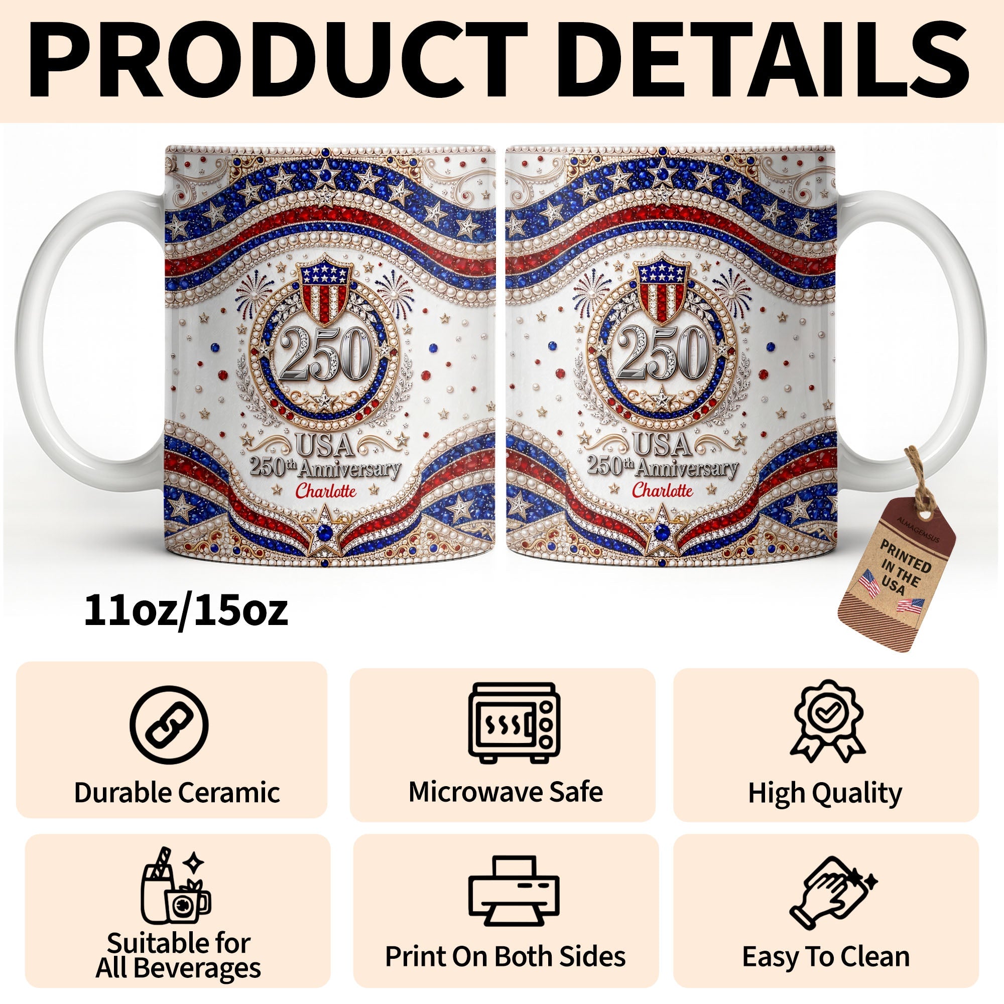 Personalized USA Patriotic Coffee Mug Custom Name Gift for Dad Edge-to-edge Mug GradoCreations