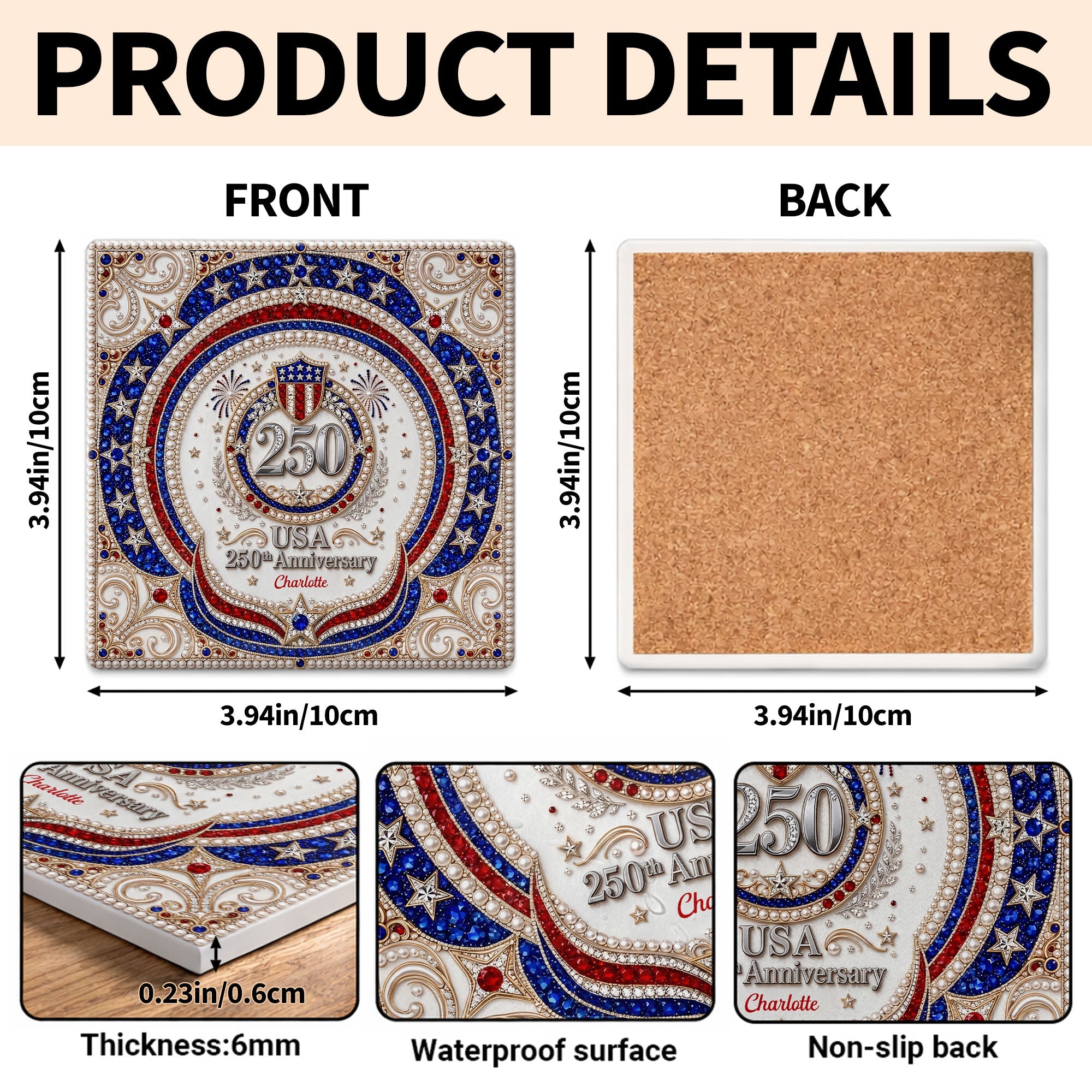 Personalized Ceramic Coaster USA 250th Anniversary Gift Square Ceramic Coaster GradoCreations