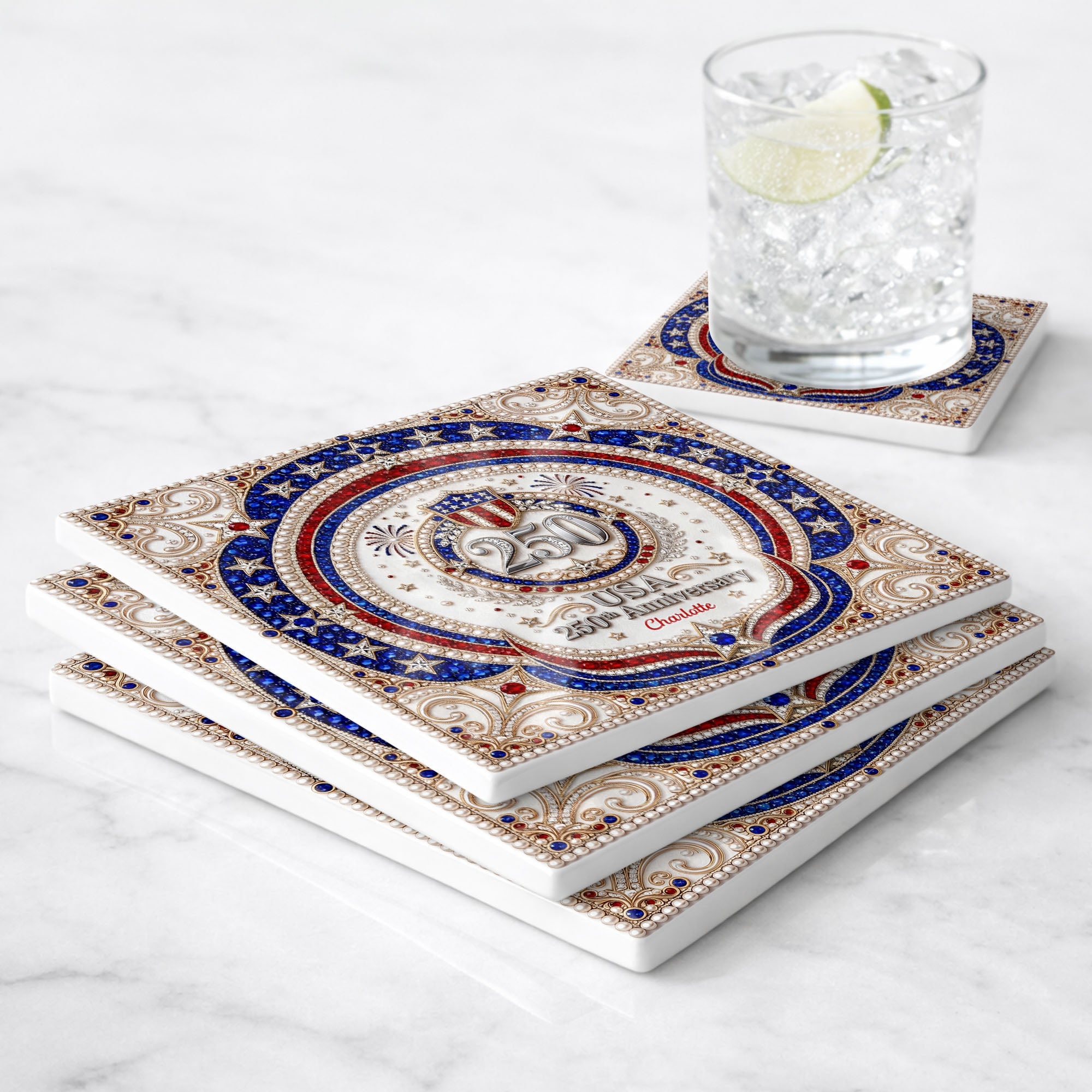Personalized Ceramic Coaster USA 250th Anniversary Gift Square Ceramic Coaster GradoCreations