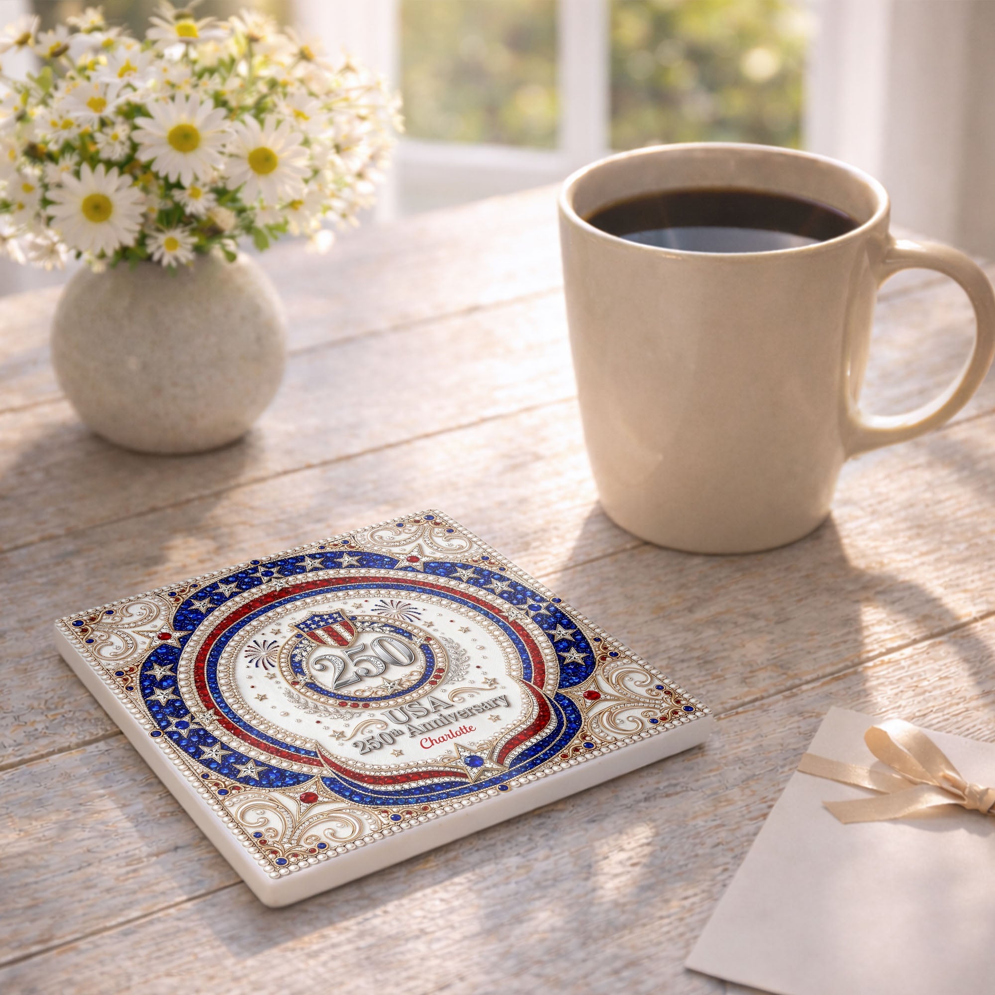 Personalized Ceramic Coaster USA 250th Anniversary Gift Square Ceramic Coaster GradoCreations