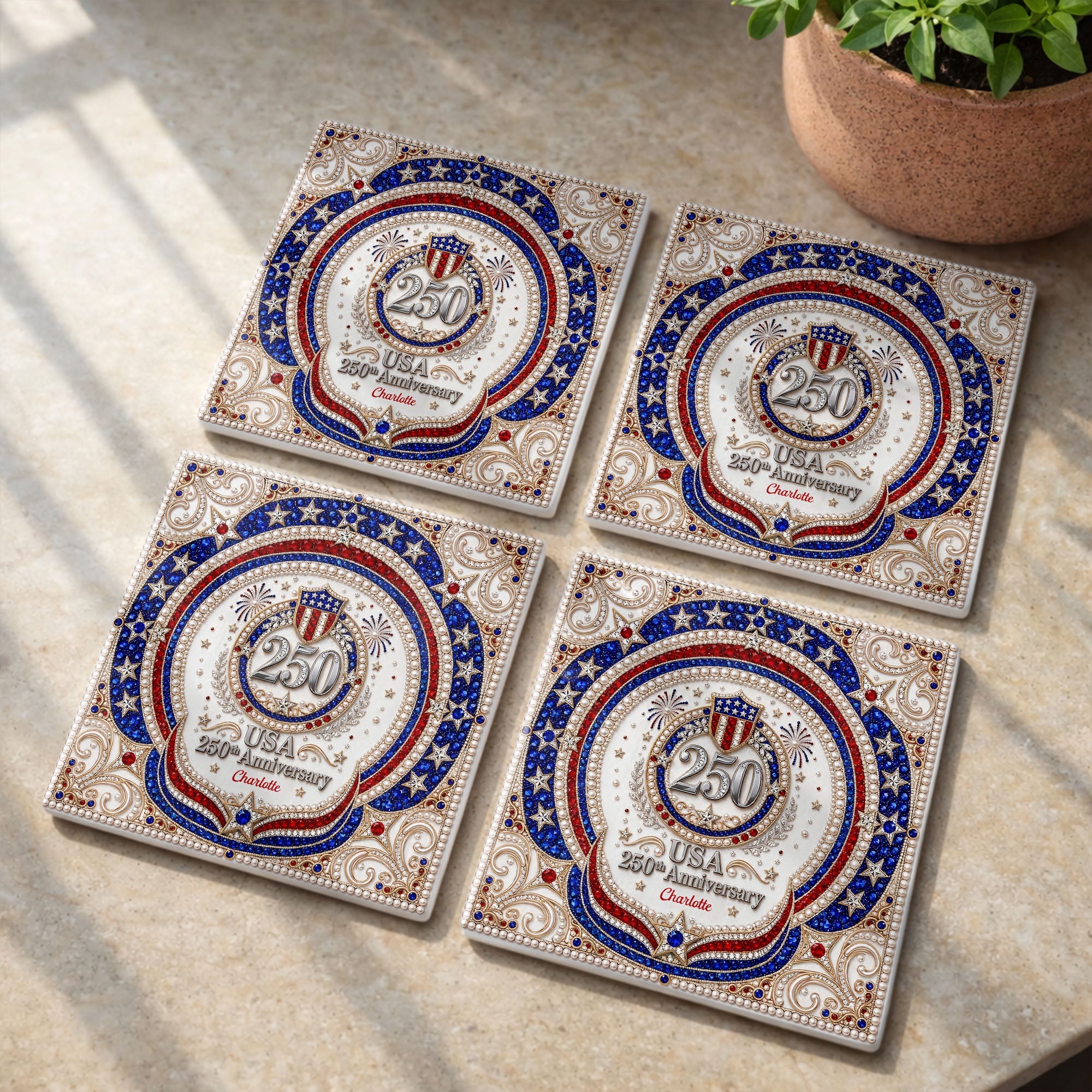 Personalized Ceramic Coaster USA 250th Anniversary Gift Square Ceramic Coaster GradoCreations