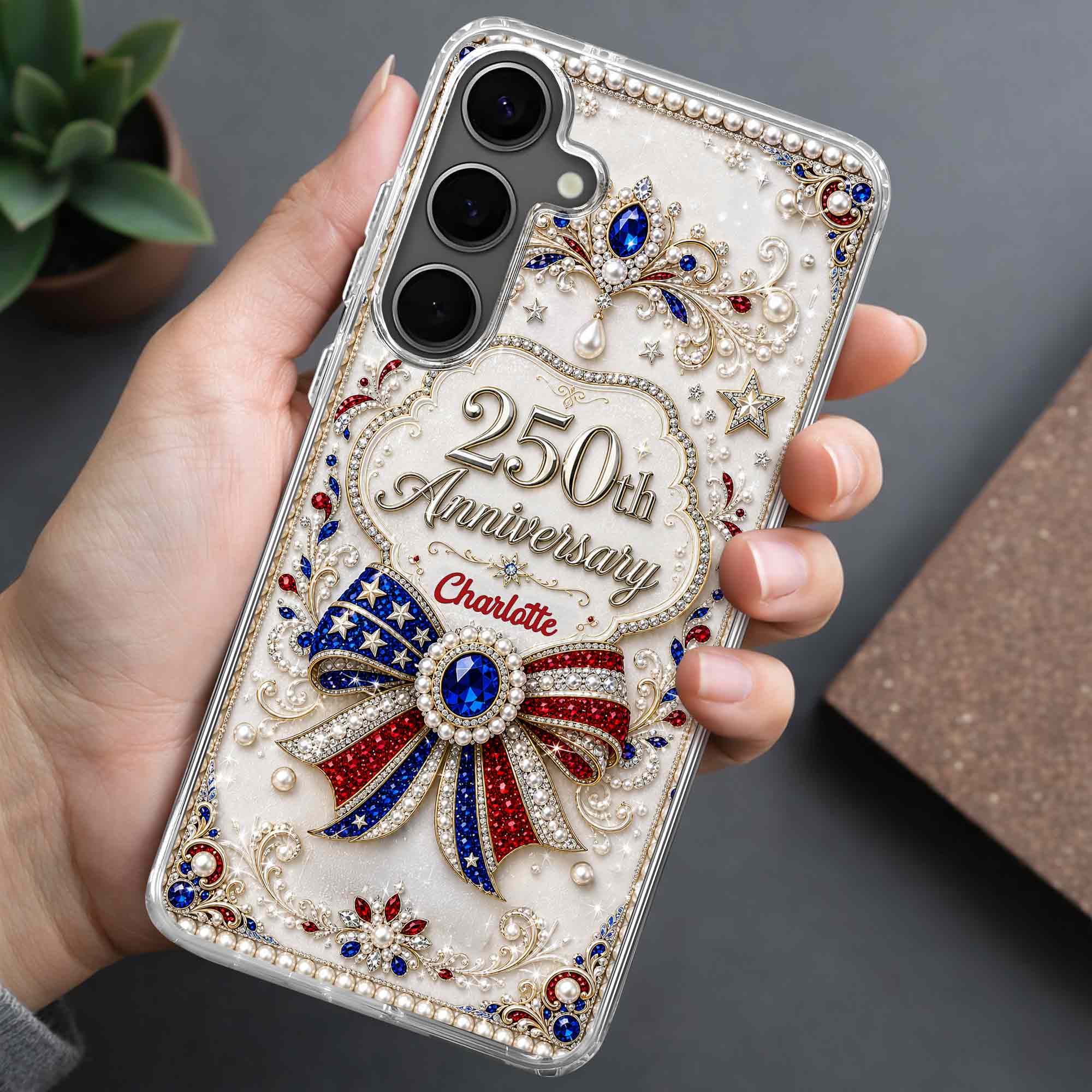 Personalized Clear Phone Case USA Flag 3D Rhinestone Gift for Mom Clear Phone Case GradoCreations
