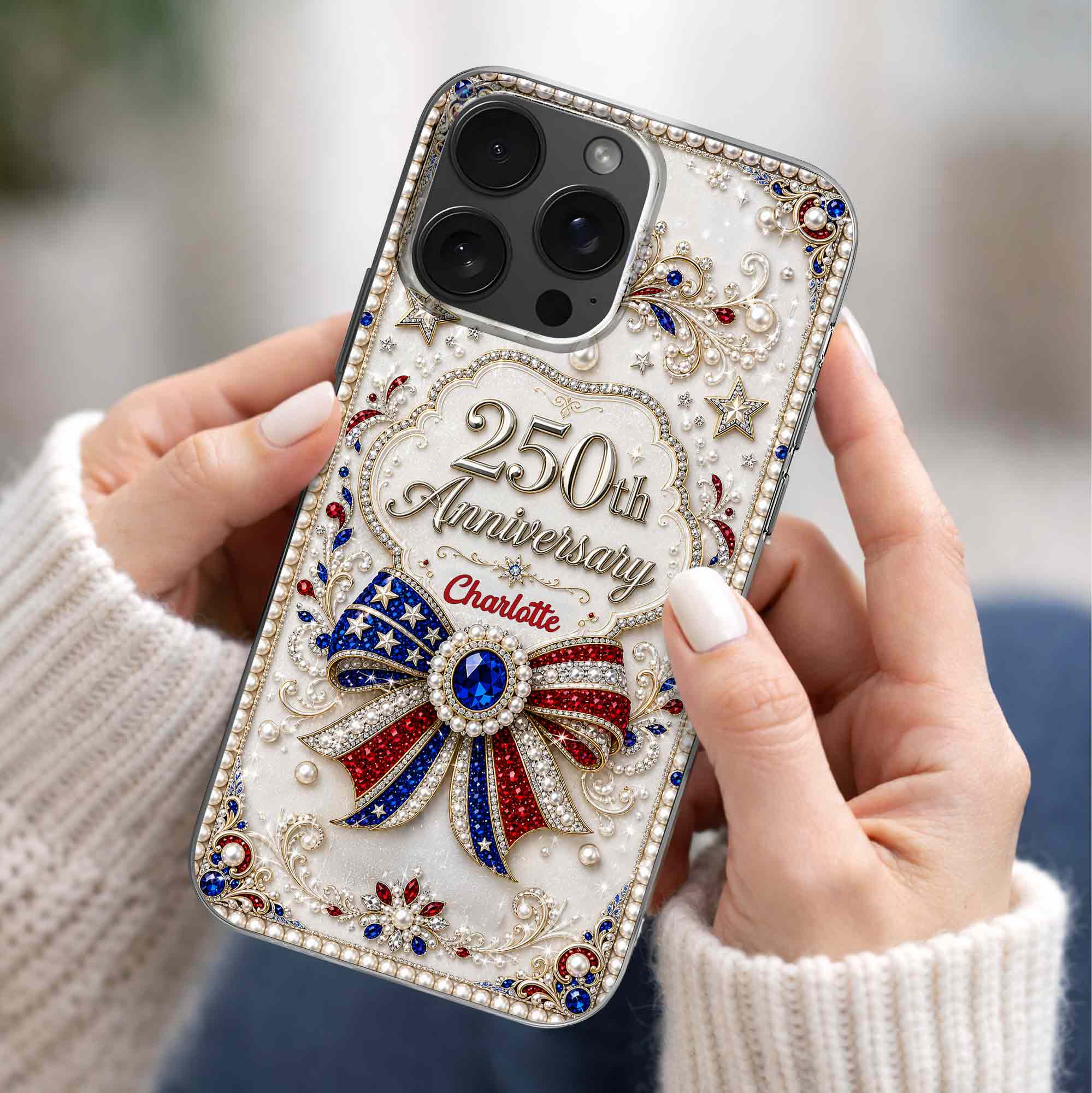 Personalized Clear Phone Case USA Flag 3D Rhinestone Gift for Mom Clear Phone Case GradoCreations