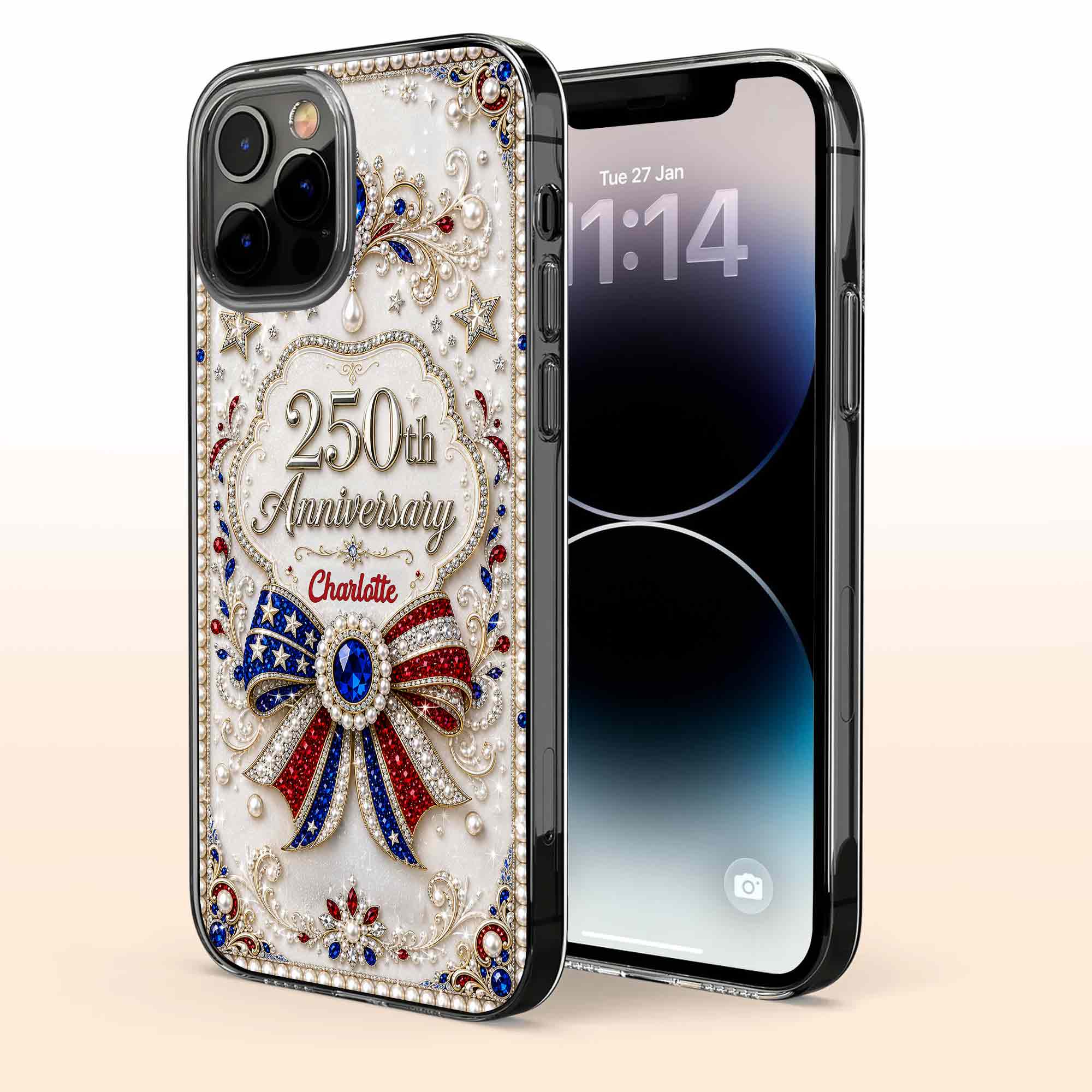 Personalized Clear Phone Case USA Flag 3D Rhinestone Gift for Mom Clear Phone Case GradoCreations