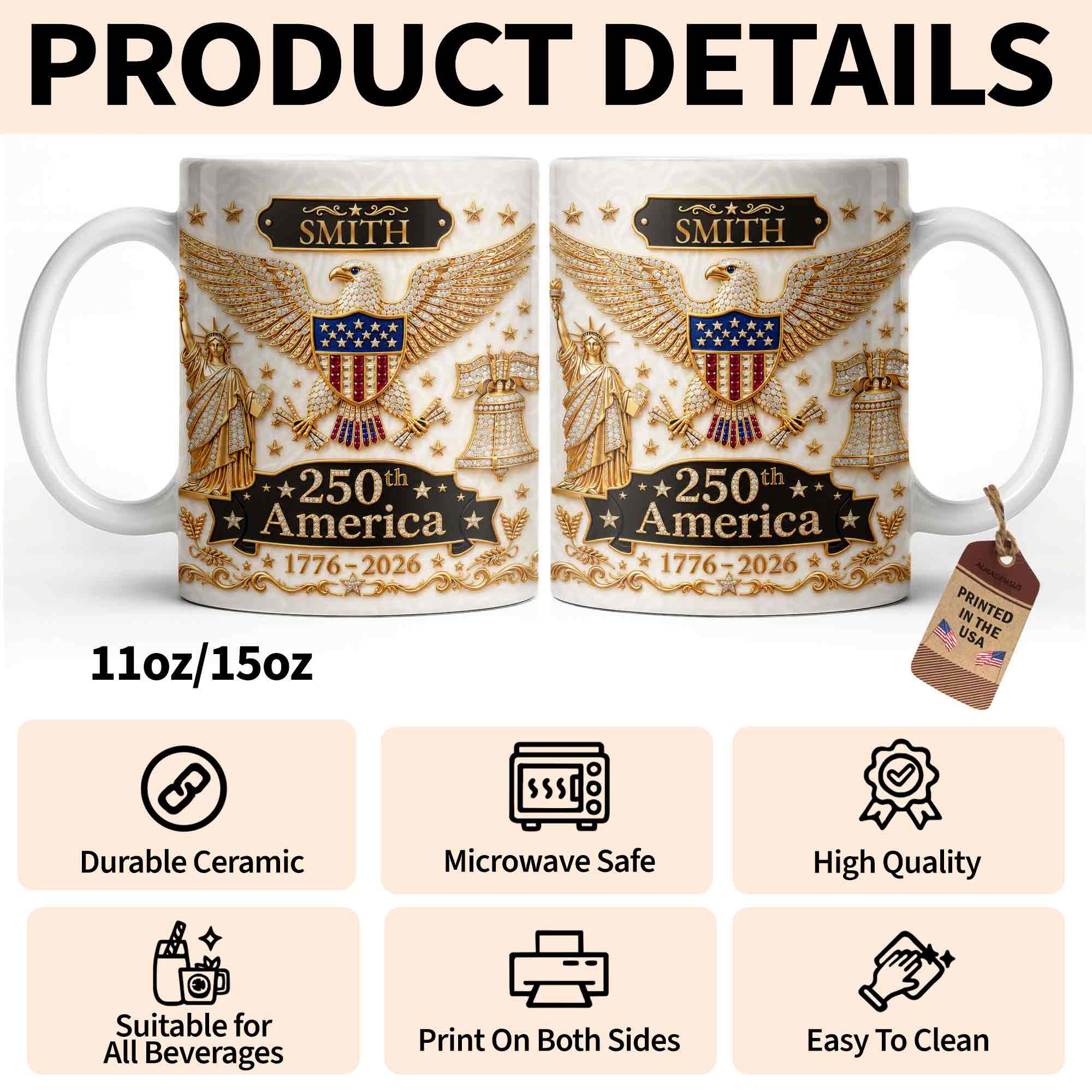 Personalized Patriotic Eagle Coffee Mug Custom Name Gift for Dad Edge-to-edge Mug GradoCreations
