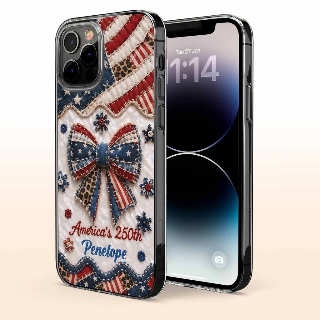 Personalized Clear Phone Case with American Flag & Leopard Print Gift for 4th of July Clear Phone Case GradoCreations