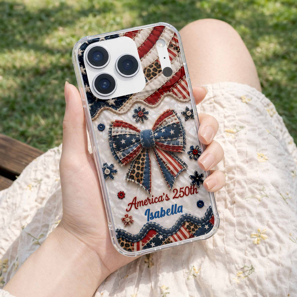 Personalized Clear Phone Case with American Flag & Leopard Print Gift for 4th of July Clear Phone Case GradoCreations