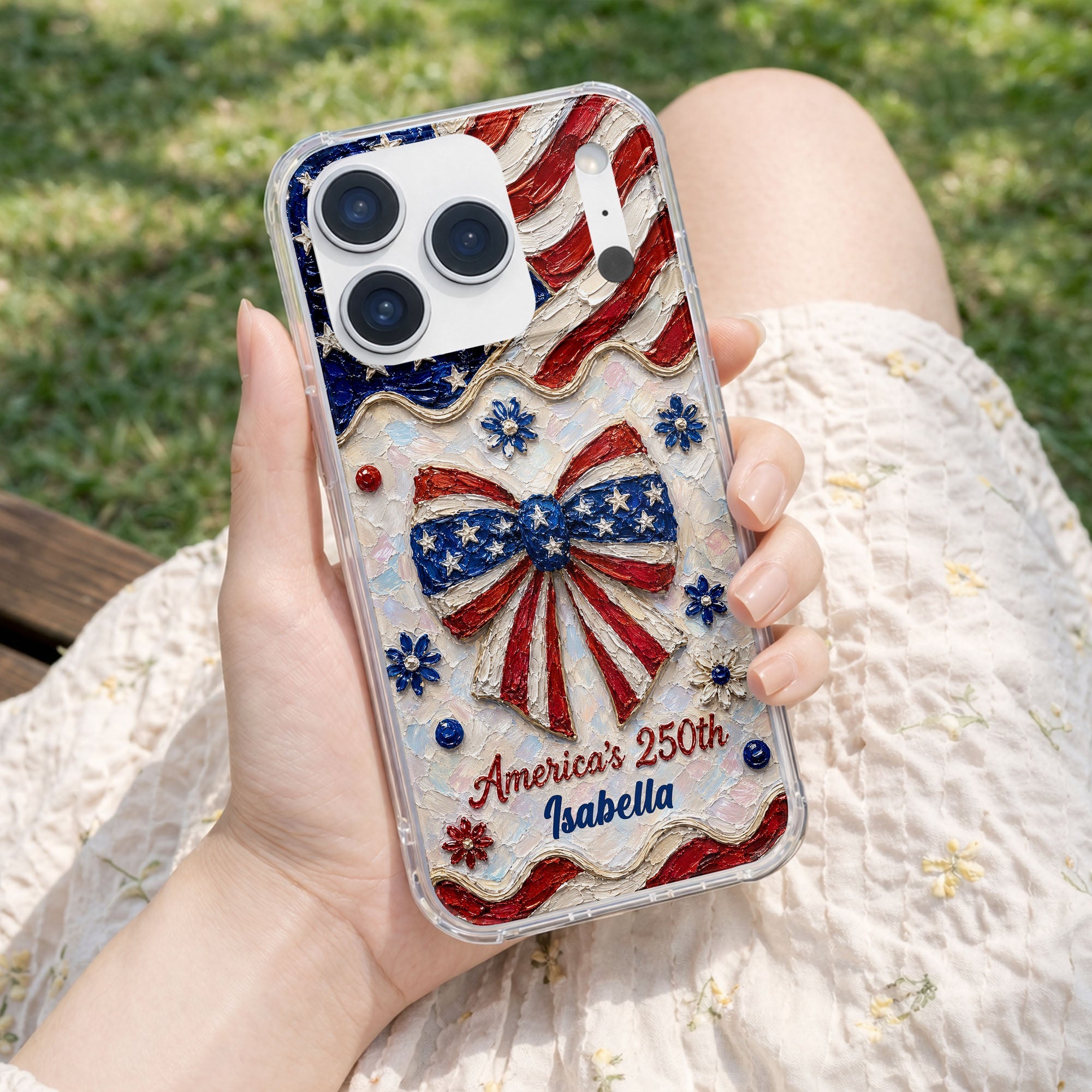 Personalized Clear Phone Case with American Flag Flowers Gift for Independence Day Clear Phone Case GradoCreations