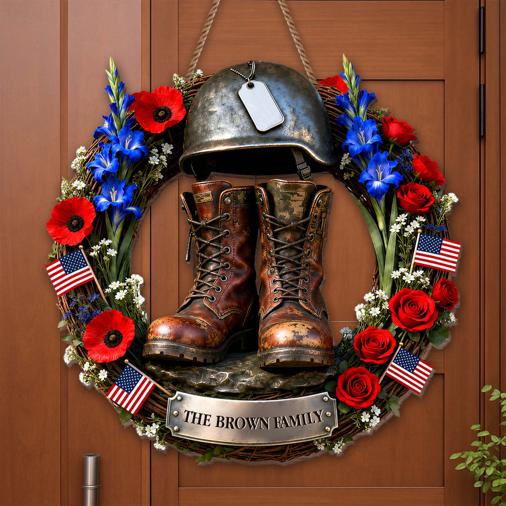 Personalized Military Helmet Combat Boots Wood Sign Family Name Gift Wood Sign GradoCreations