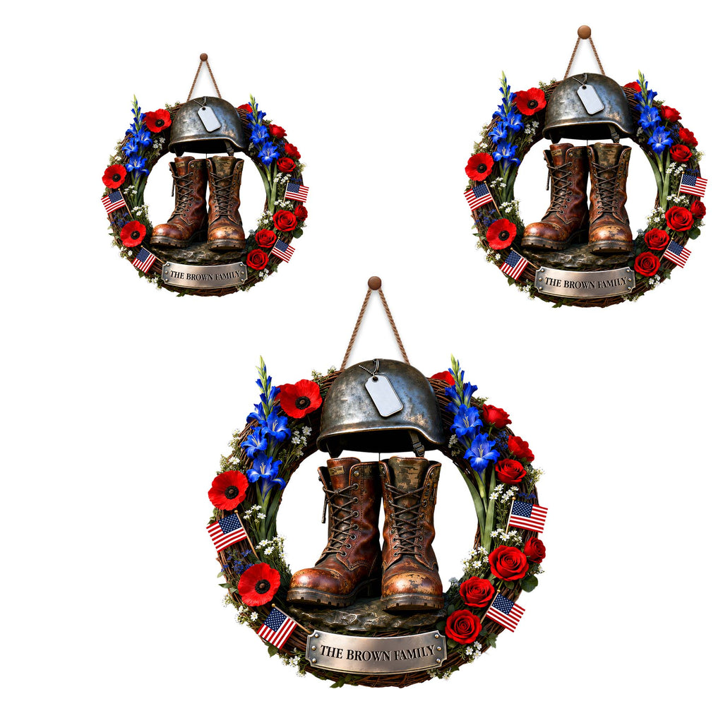 Personalized Military Helmet Combat Boots Wood Sign Family Name Gift Wood Sign GradoCreations