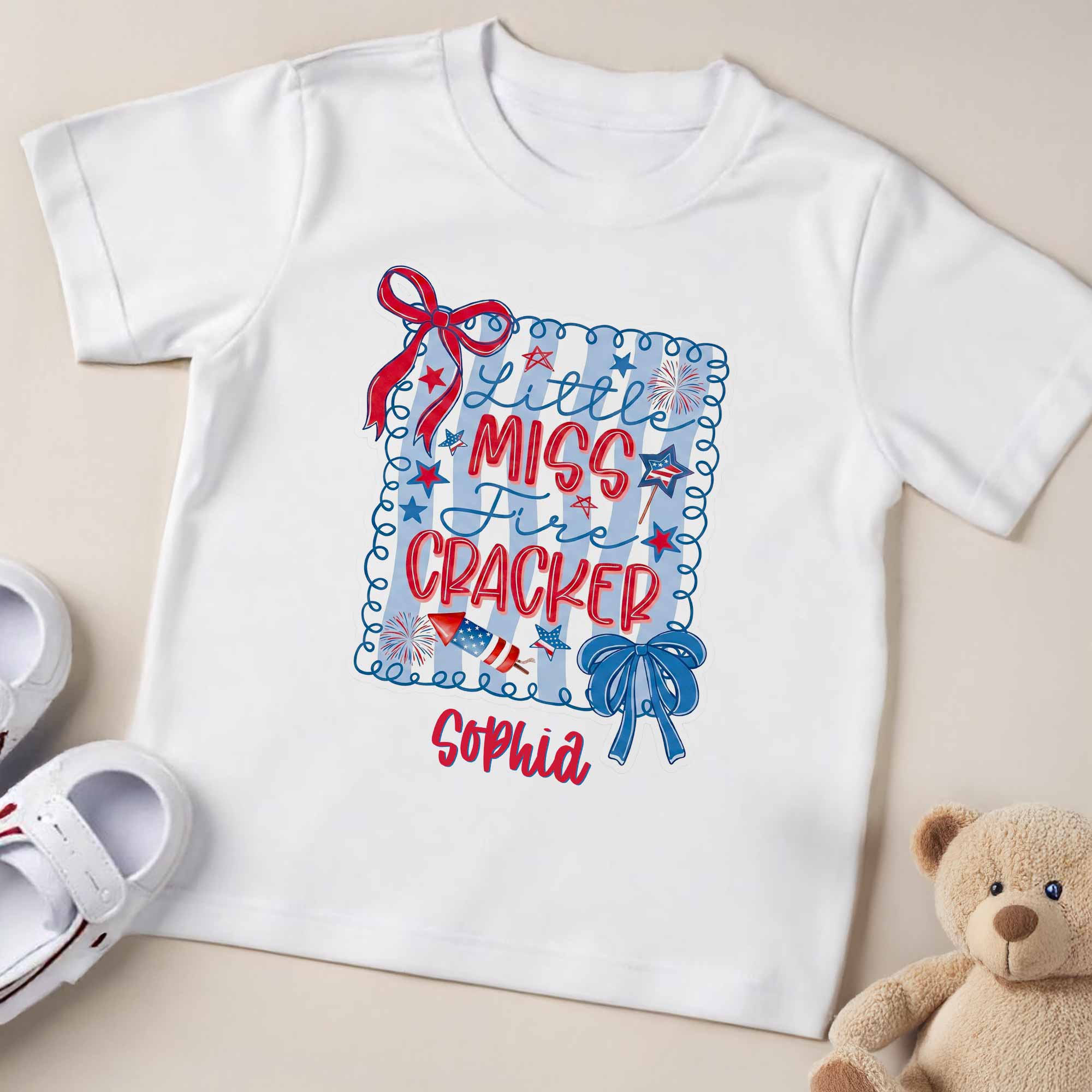 Personalized Kids T-Shirt Custom Name Fire Cracker Design 4th of July Gift