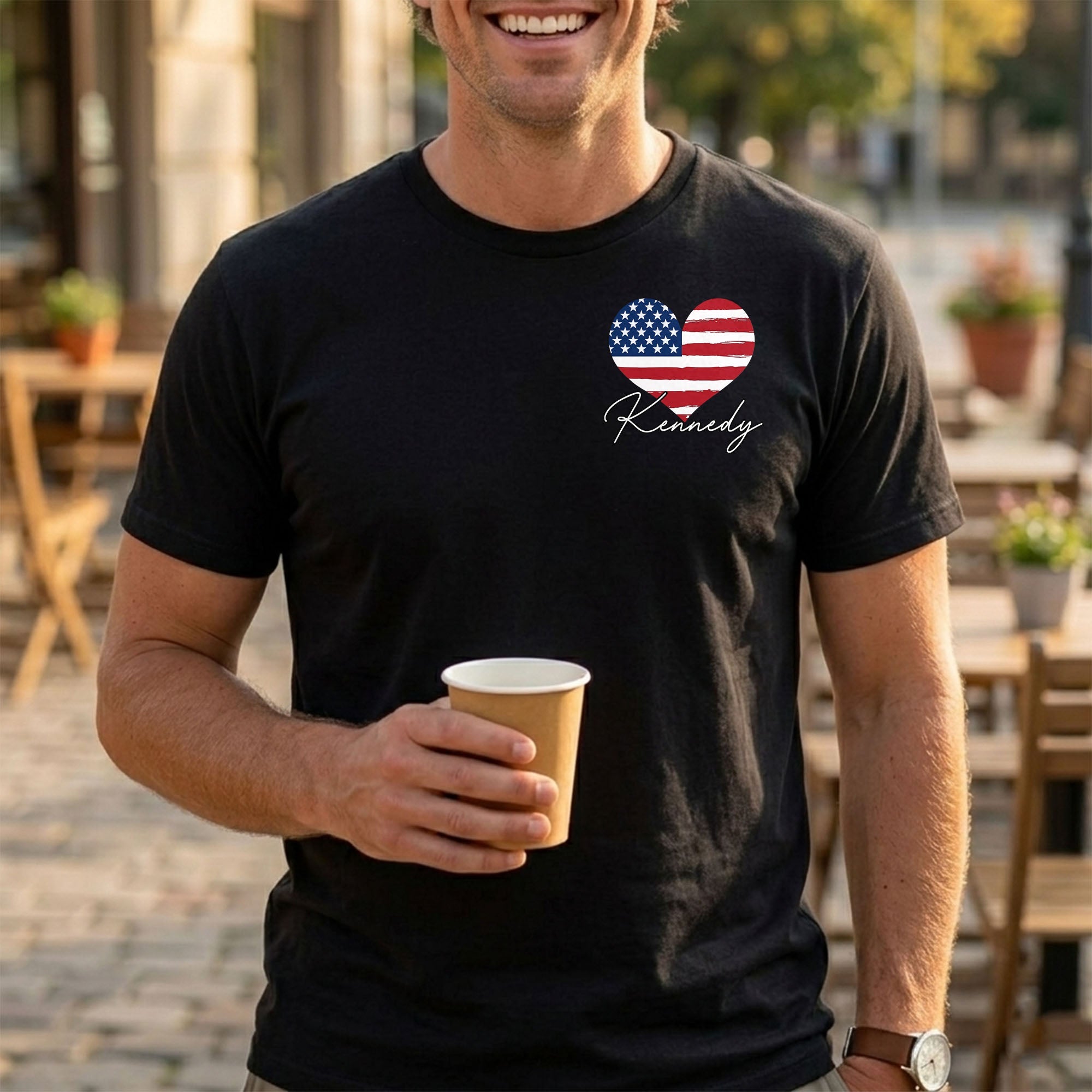 Personalized American Flag Heart T-Shirt Custom Design Gift T-Shirt Font and Back GradoCreations