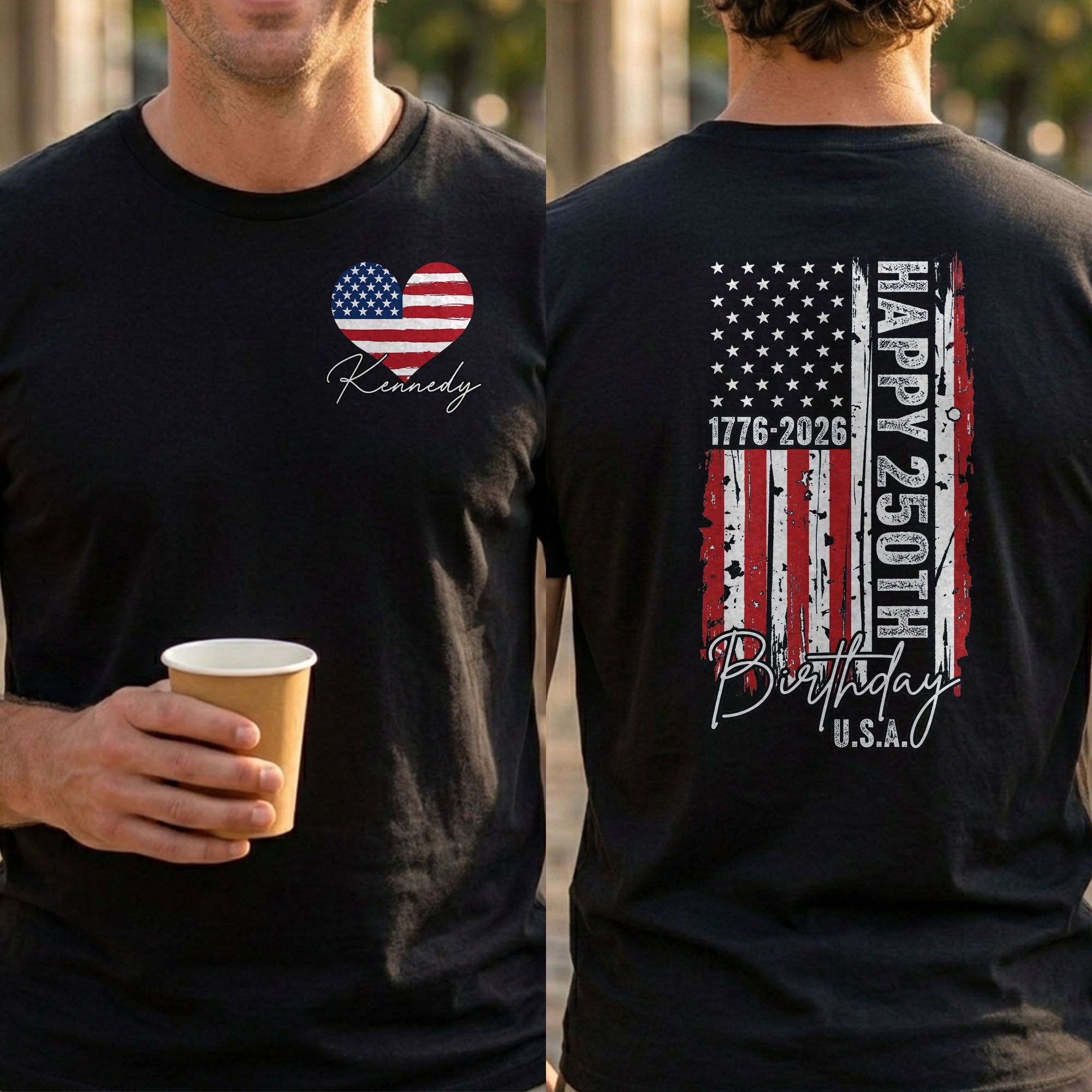 Personalized American Flag Heart T-Shirt Custom Design Gift T-Shirt Font and Back GradoCreations