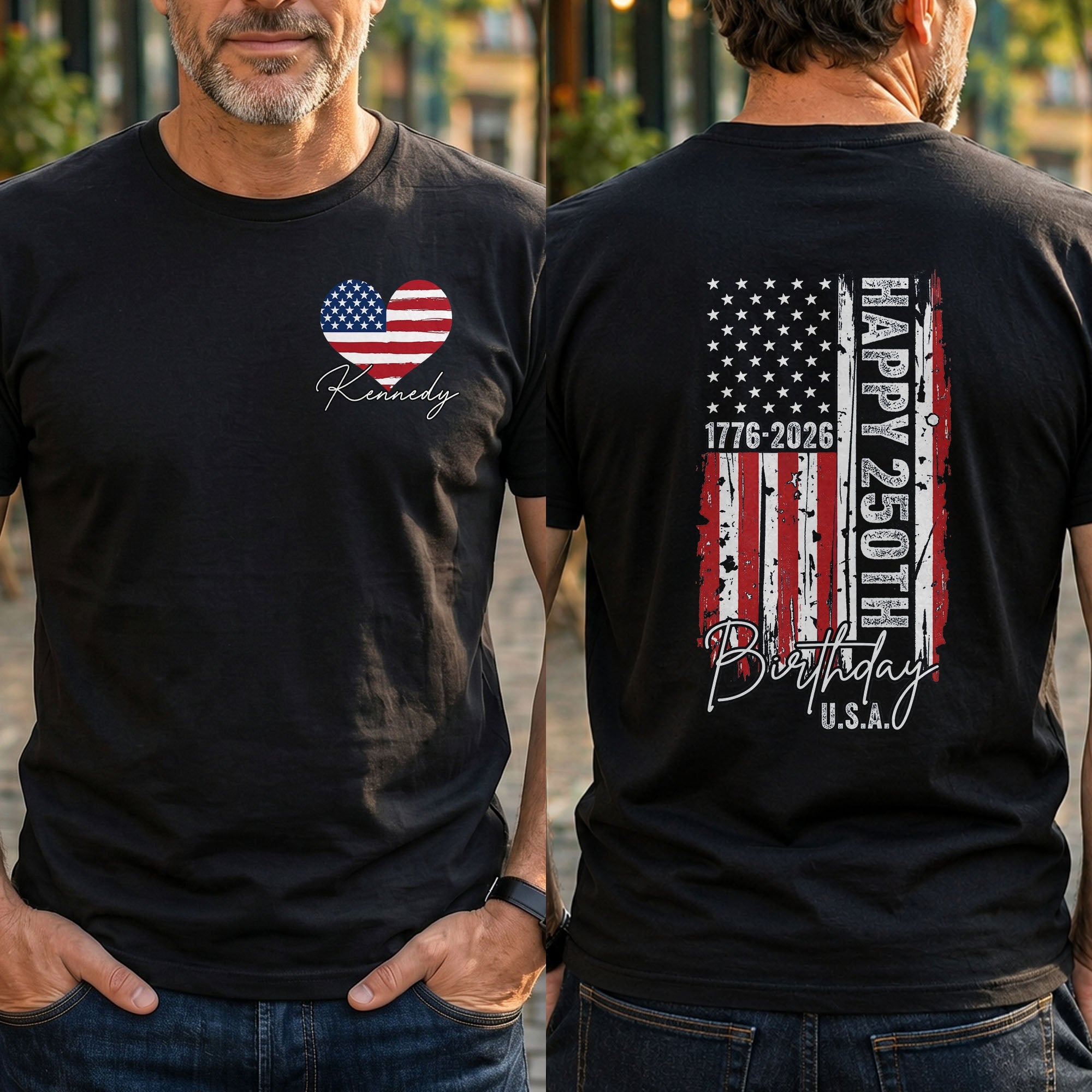 Personalized American Flag Heart T-Shirt Custom Design Gift T-Shirt Font and Back GradoCreations