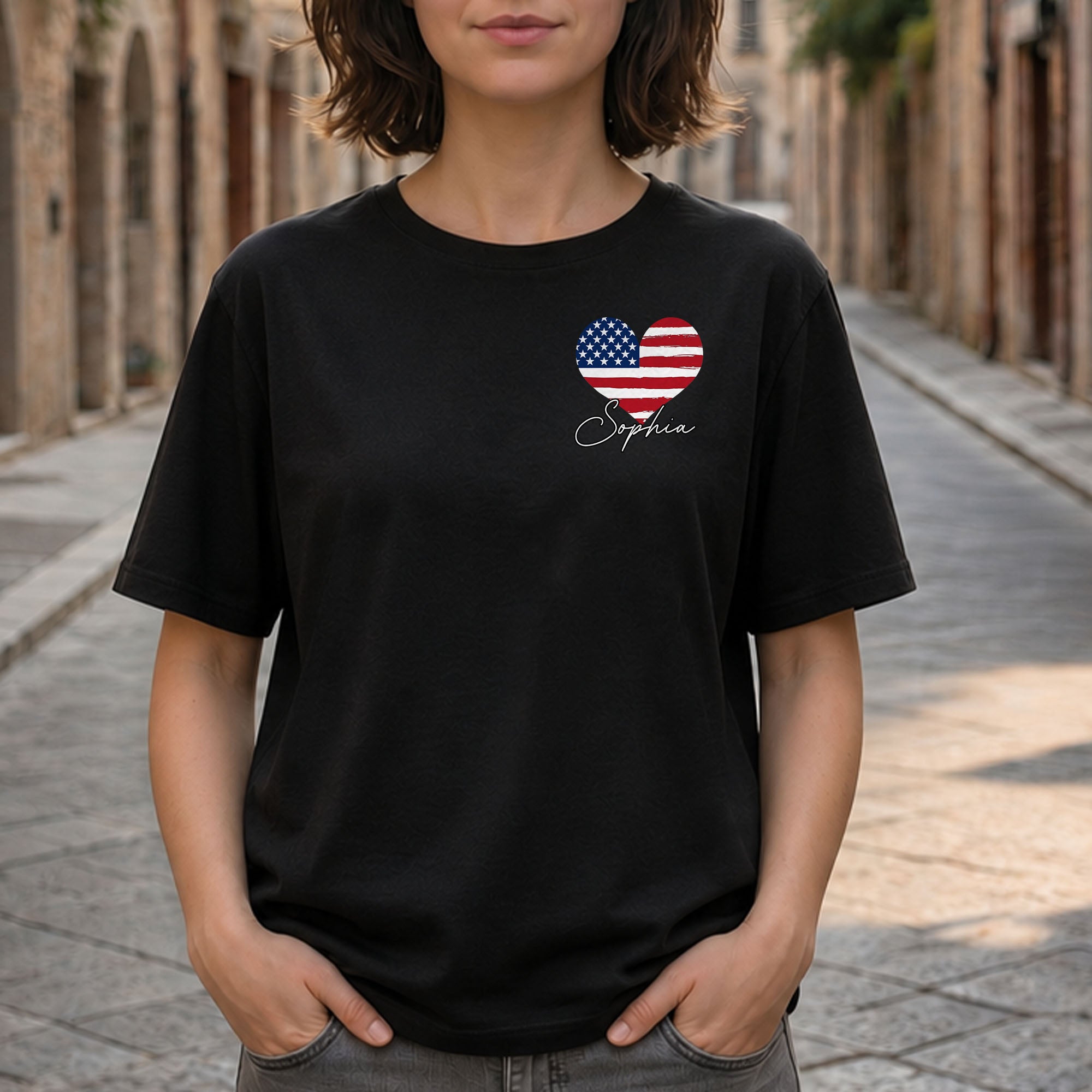 Personalized American Flag Heart T-Shirt Custom Design Gift T-Shirt Font and Back GradoCreations