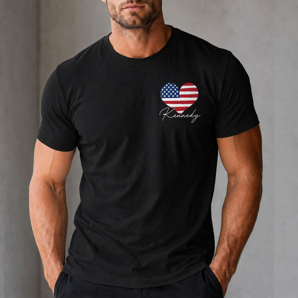Personalized American Flag Heart T-Shirt Custom Design Gift T-Shirt Font and Back GradoCreations