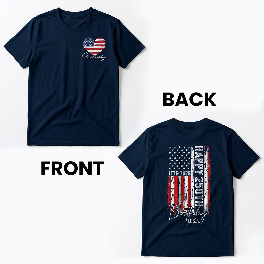 Personalized American Flag Heart T-Shirt Custom Design Gift T-Shirt Font and Back GradoCreations