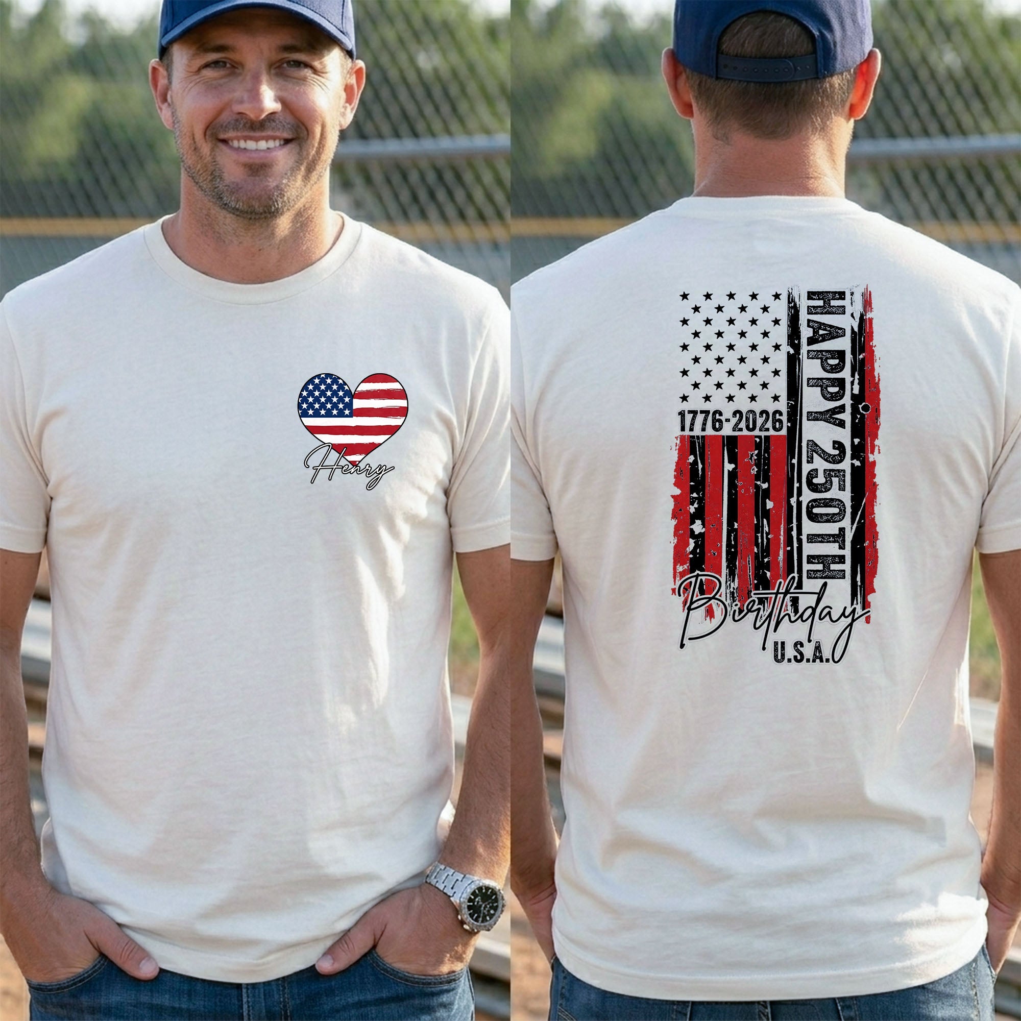 Personalized 250th Birthday USA Flag T-Shirt Custom Gift T-Shirt Font and Back GradoCreations
