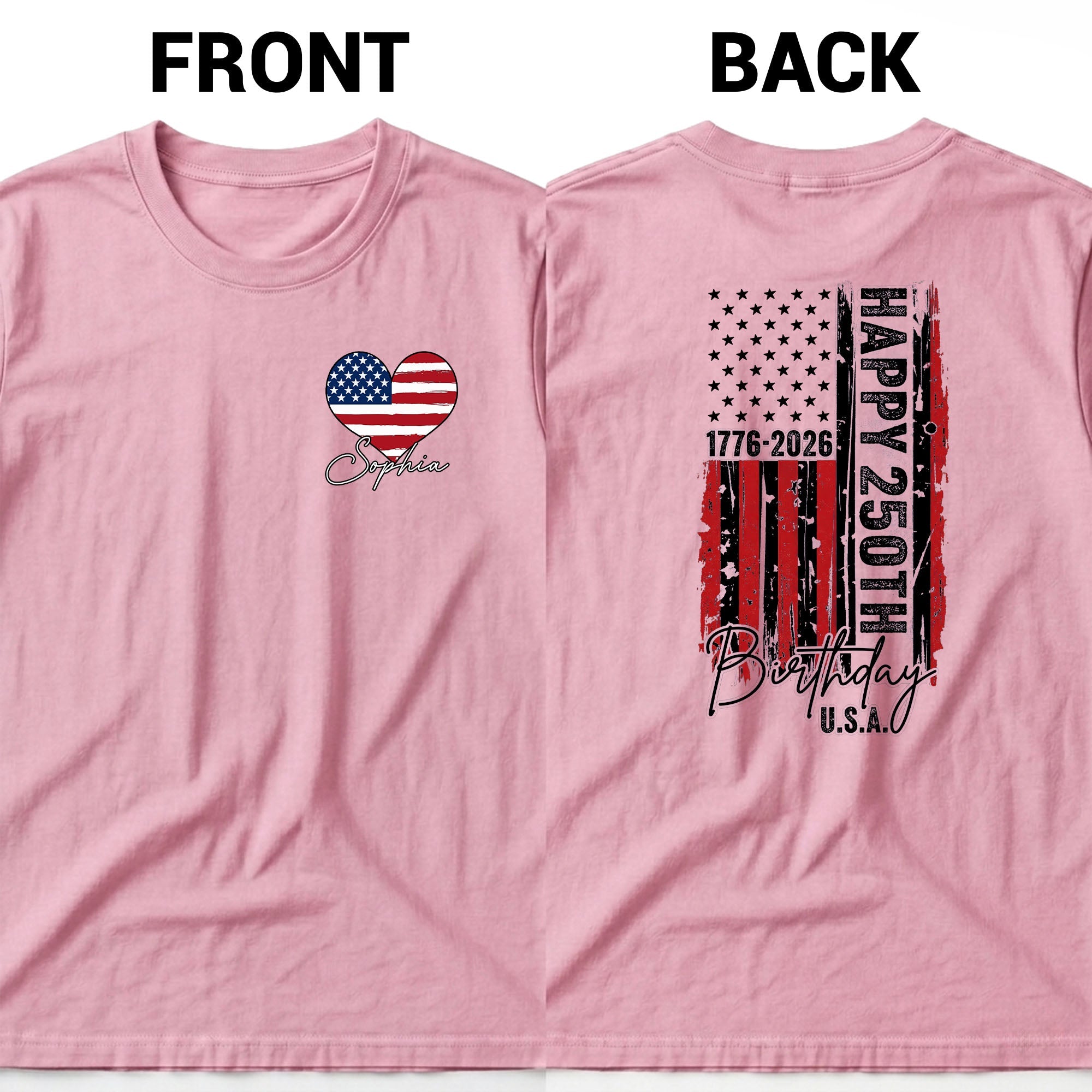 Personalized 250th Birthday USA Flag T-Shirt Custom Gift T-Shirt Font and Back GradoCreations