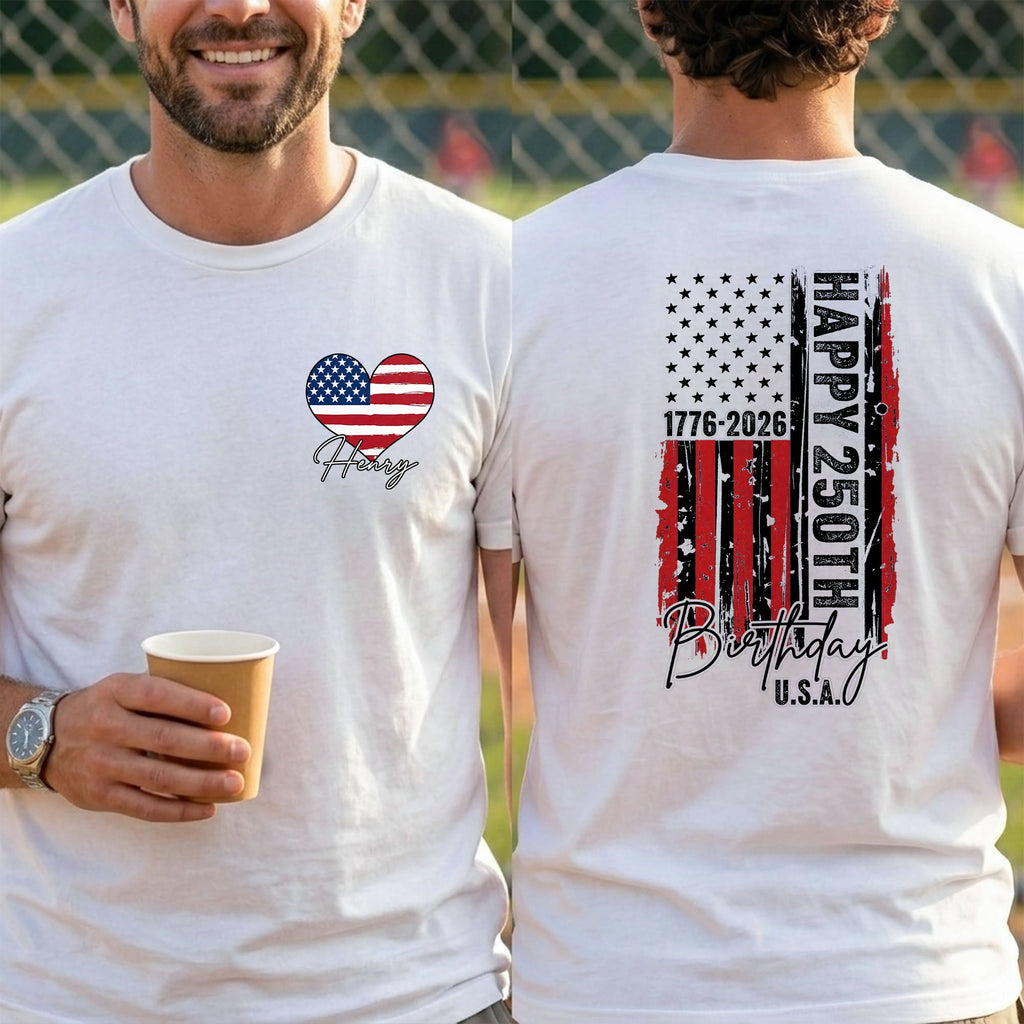 Personalized 250th Birthday USA Flag T-Shirt Custom Gift T-Shirt Font and Back GradoCreations